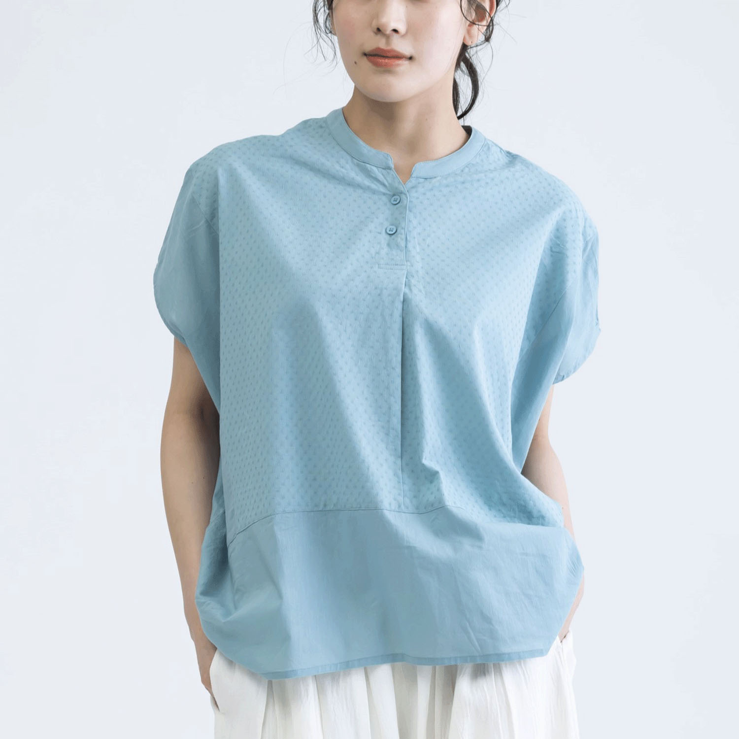コットンドビーx無地半袖コクーンブラウス