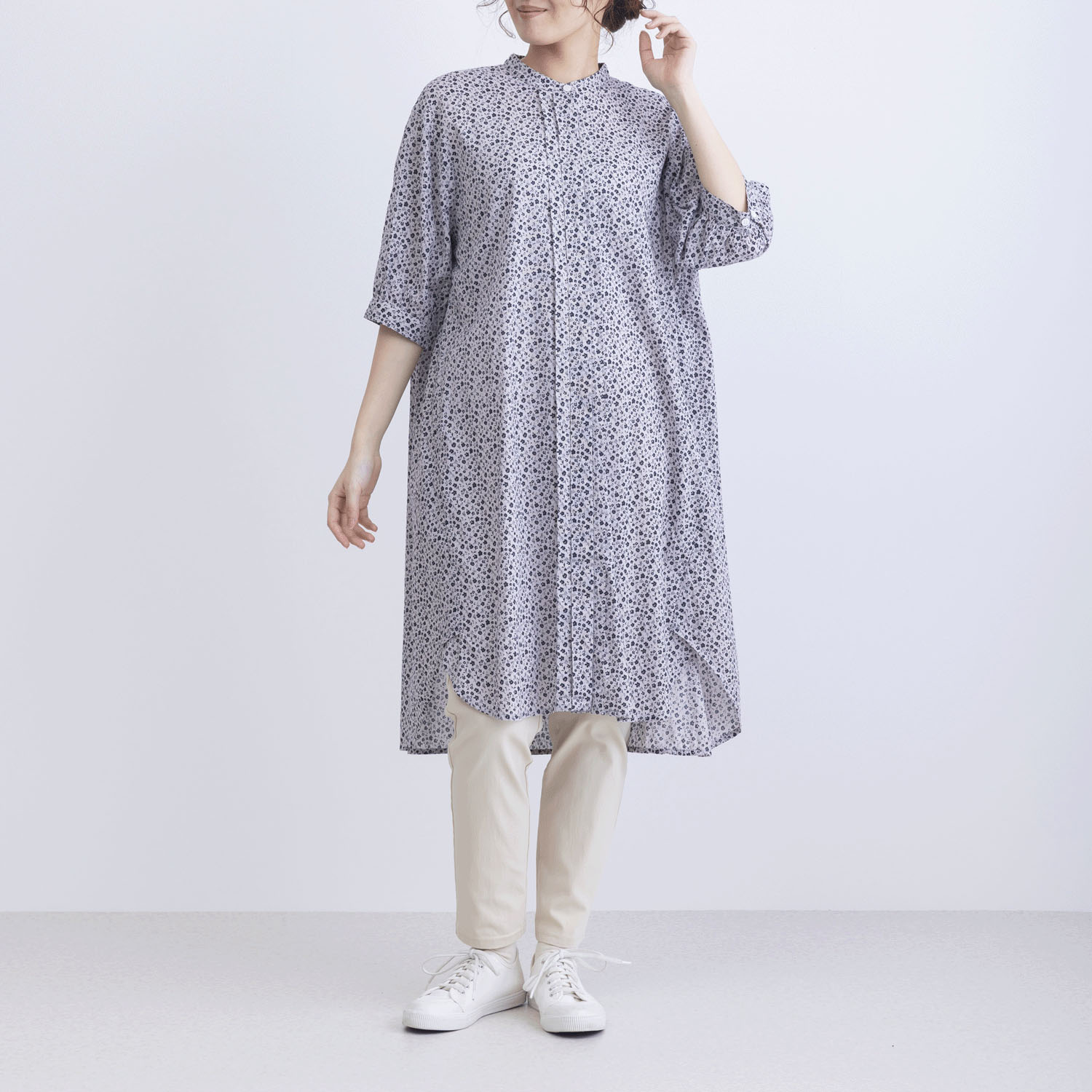 フラワープリント7分袖前開きワンピース