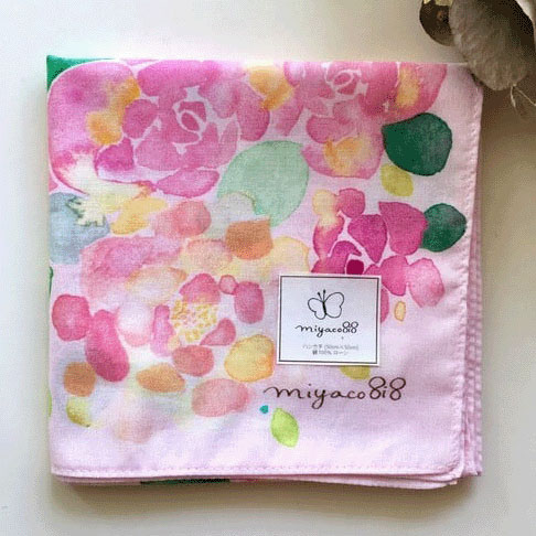 miyaco スカーフにもなる水彩画 ハンカチ ROSE