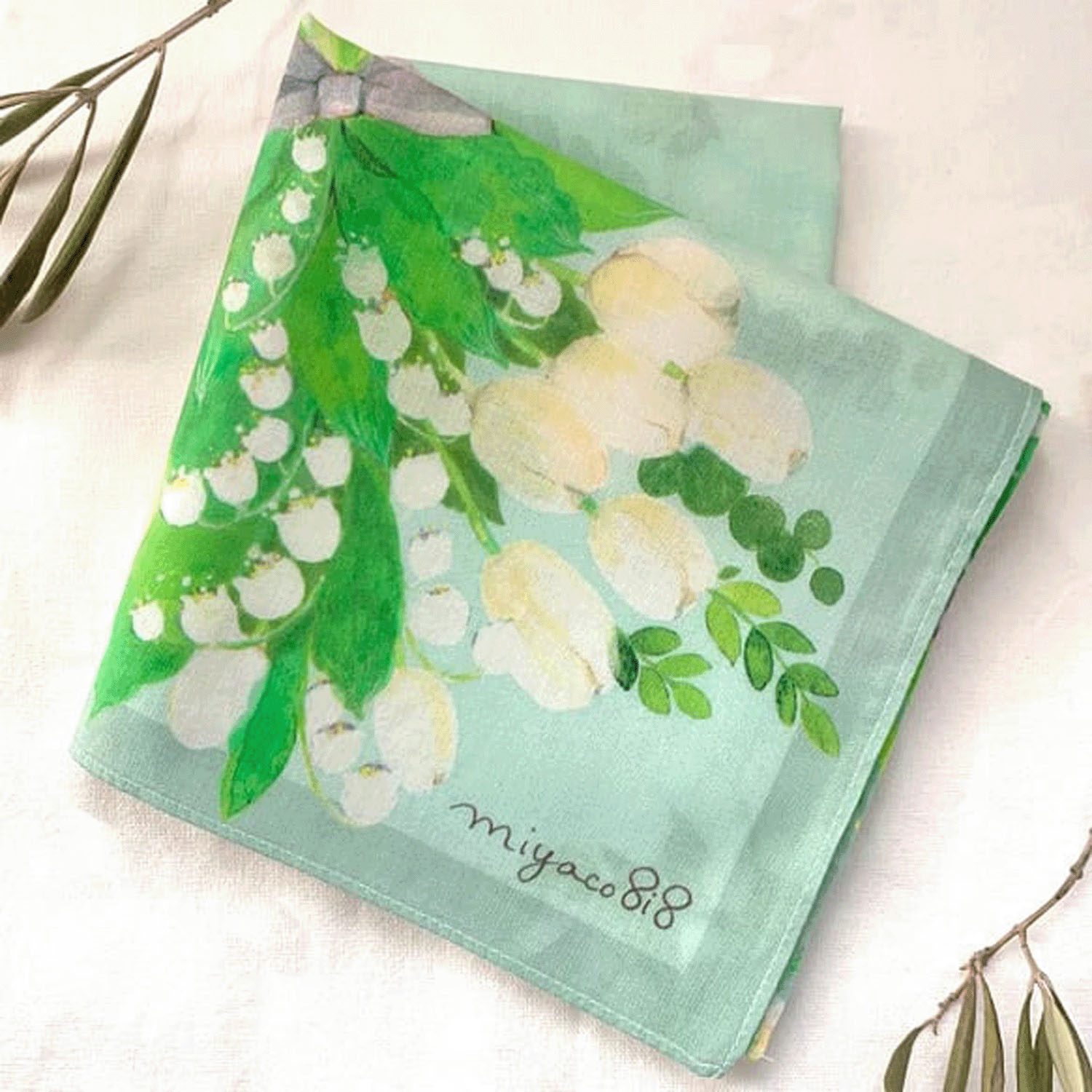 miyaco スカーフにもなる水彩画 ハンカチ すずらん