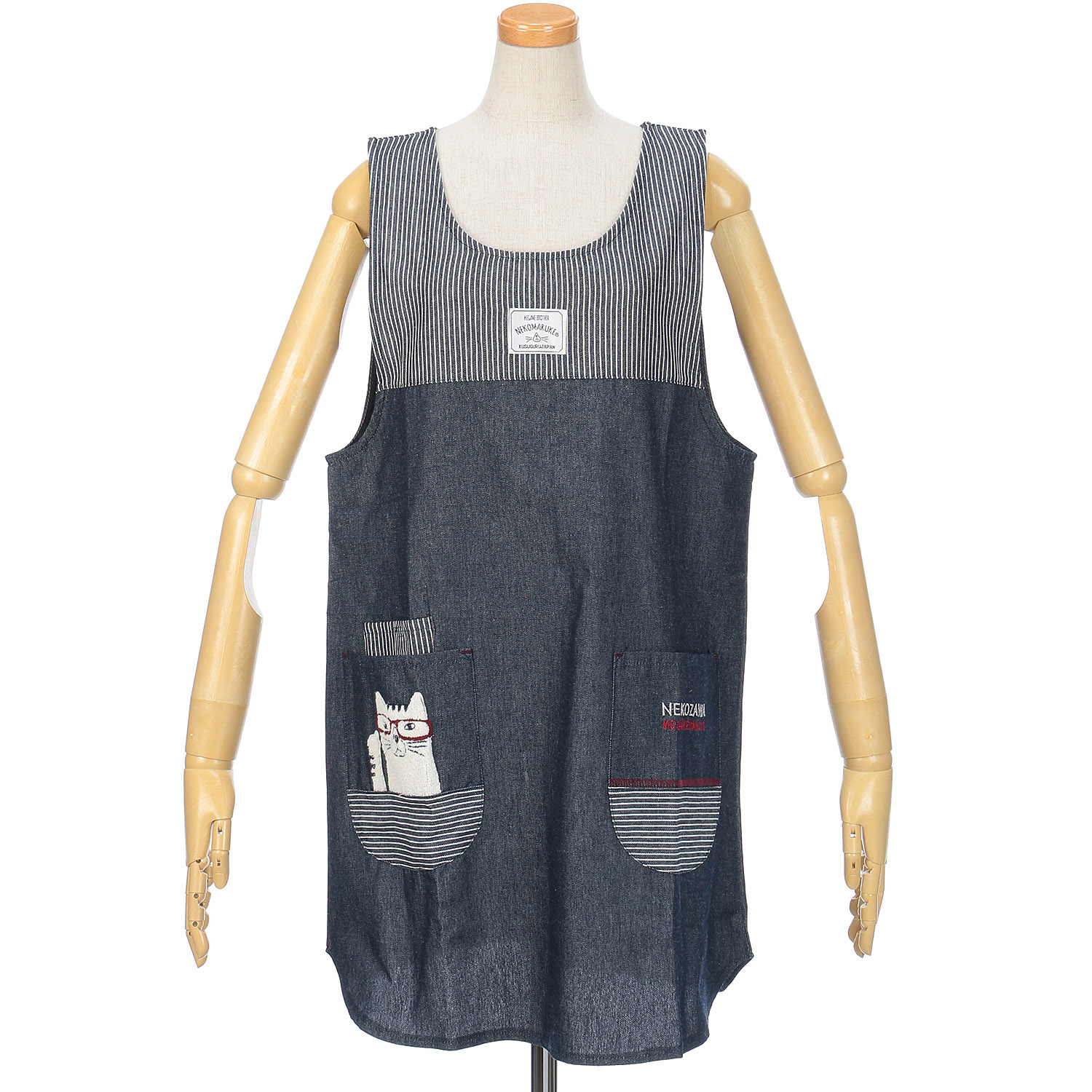 ネコまるけ 先染めデニム調＆ヒッコリー 釦リボンあきエプロン - 画像2