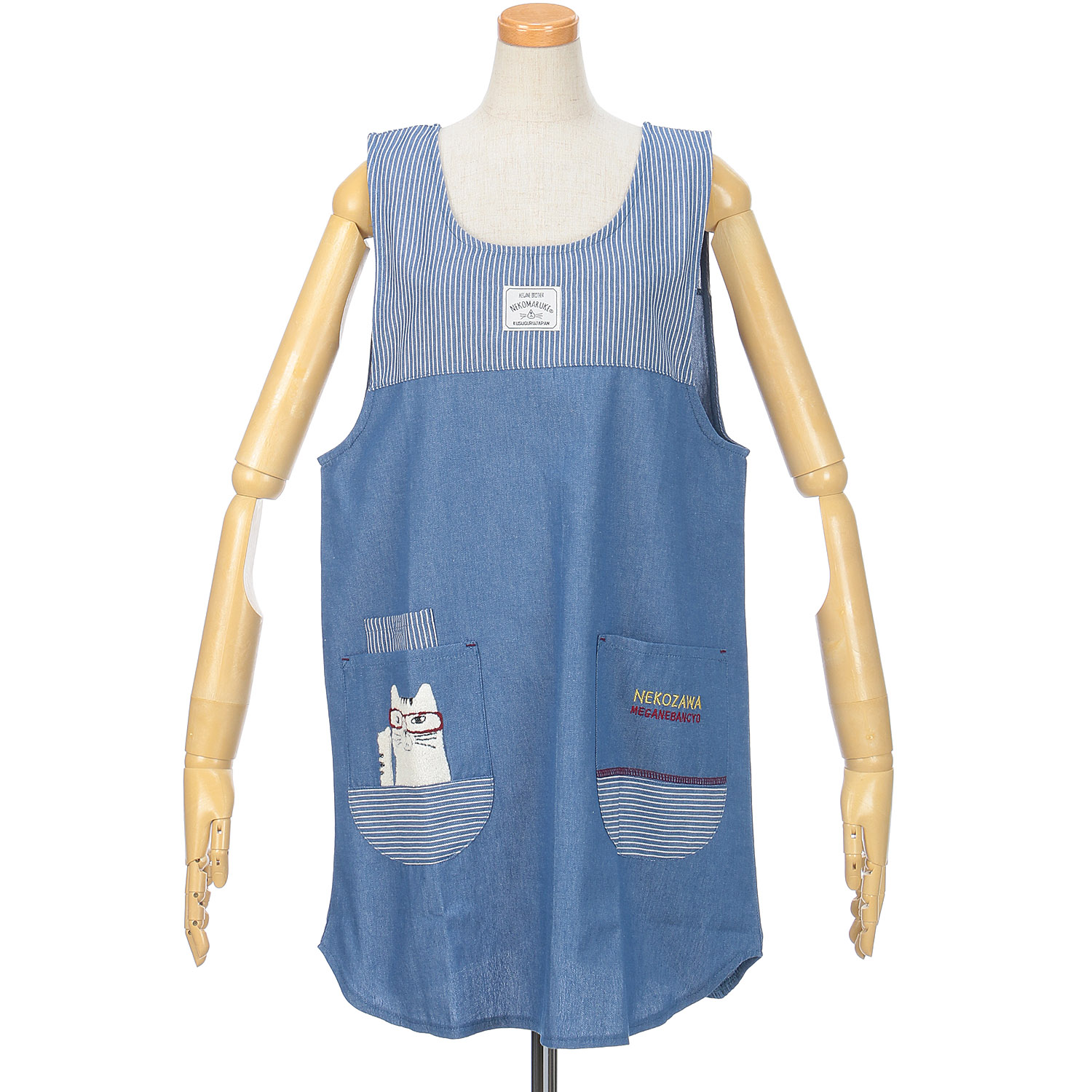 ネコまるけ 先染めデニム調＆ヒッコリー 釦リボンあきエプロン