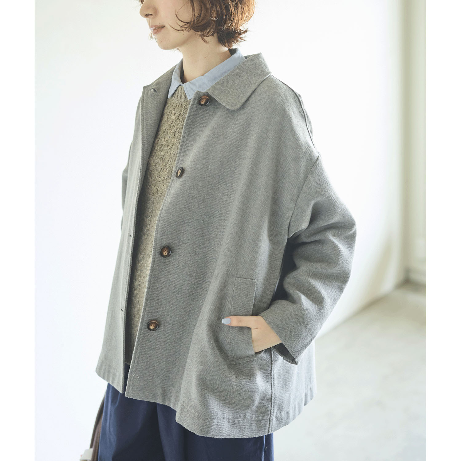 cloudnine ノンノ 毛混 ヘリンボーン柄 ポケット付き 襟付きショートコート - 画像3