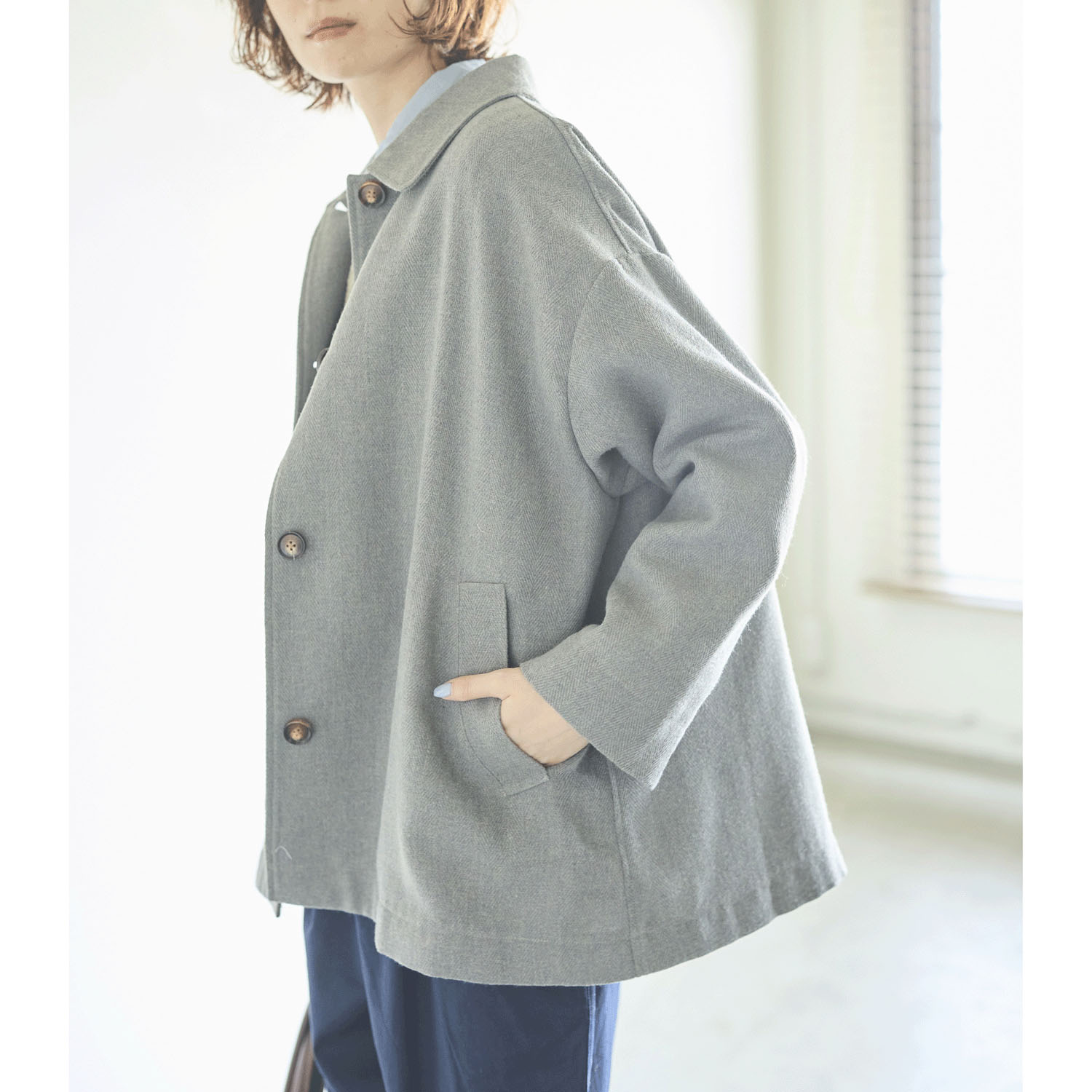 cloudnine ノンノ 毛混 ヘリンボーン柄 ポケット付き 襟付きショートコート - 画像4