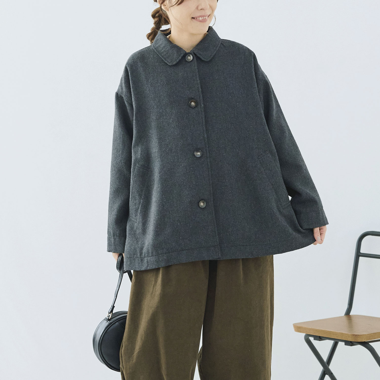 cloudnine ノンノ 毛混 ヘリンボーン柄 ポケット付き 襟付きショートコート - 画像7