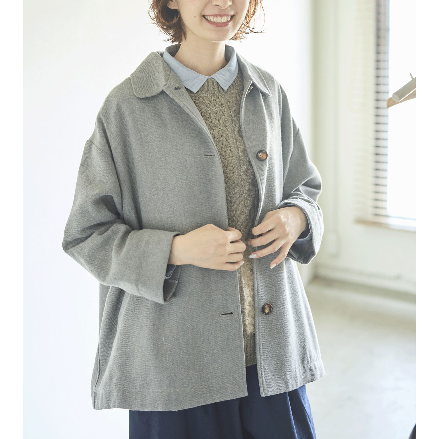 cloudnine ノンノ 毛混 ヘリンボーン柄 ポケット付き 襟付きショートコート