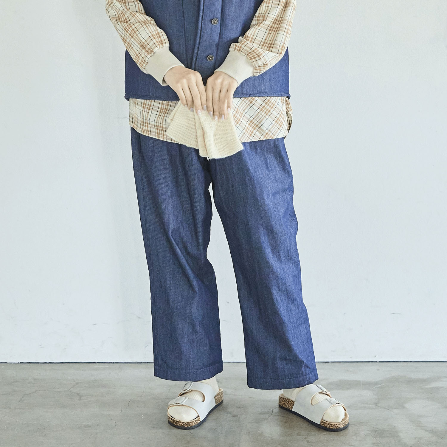 cloudnine ノンノ 表面デニム／カラーツイル 裏面フリース 9分丈パンツ