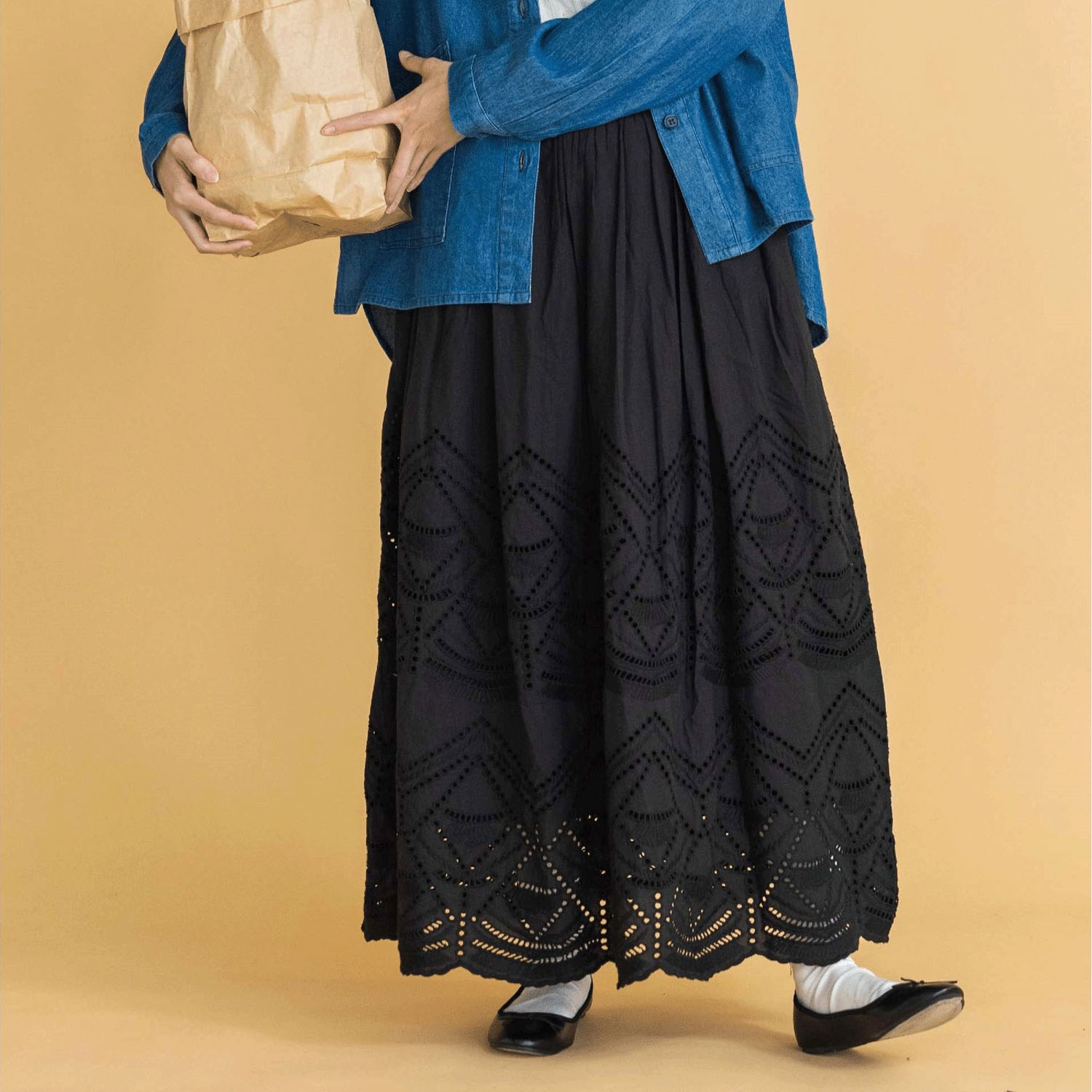 【Insta Live】【ETONET限定】オーブ スカラップ刺繍裏地付スカートロング丈