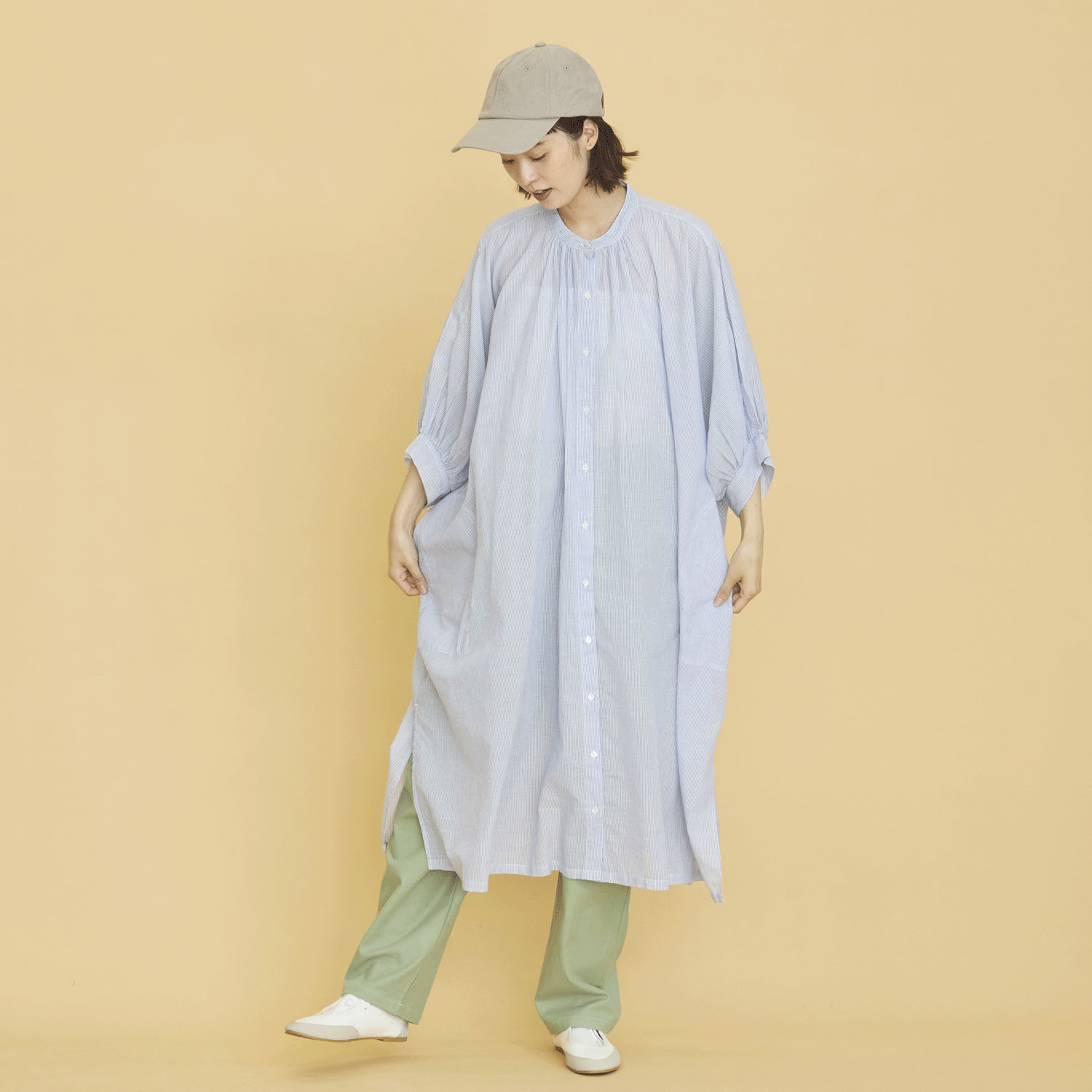 オーブ m．n 先染めストライプボイルワイドワンピース