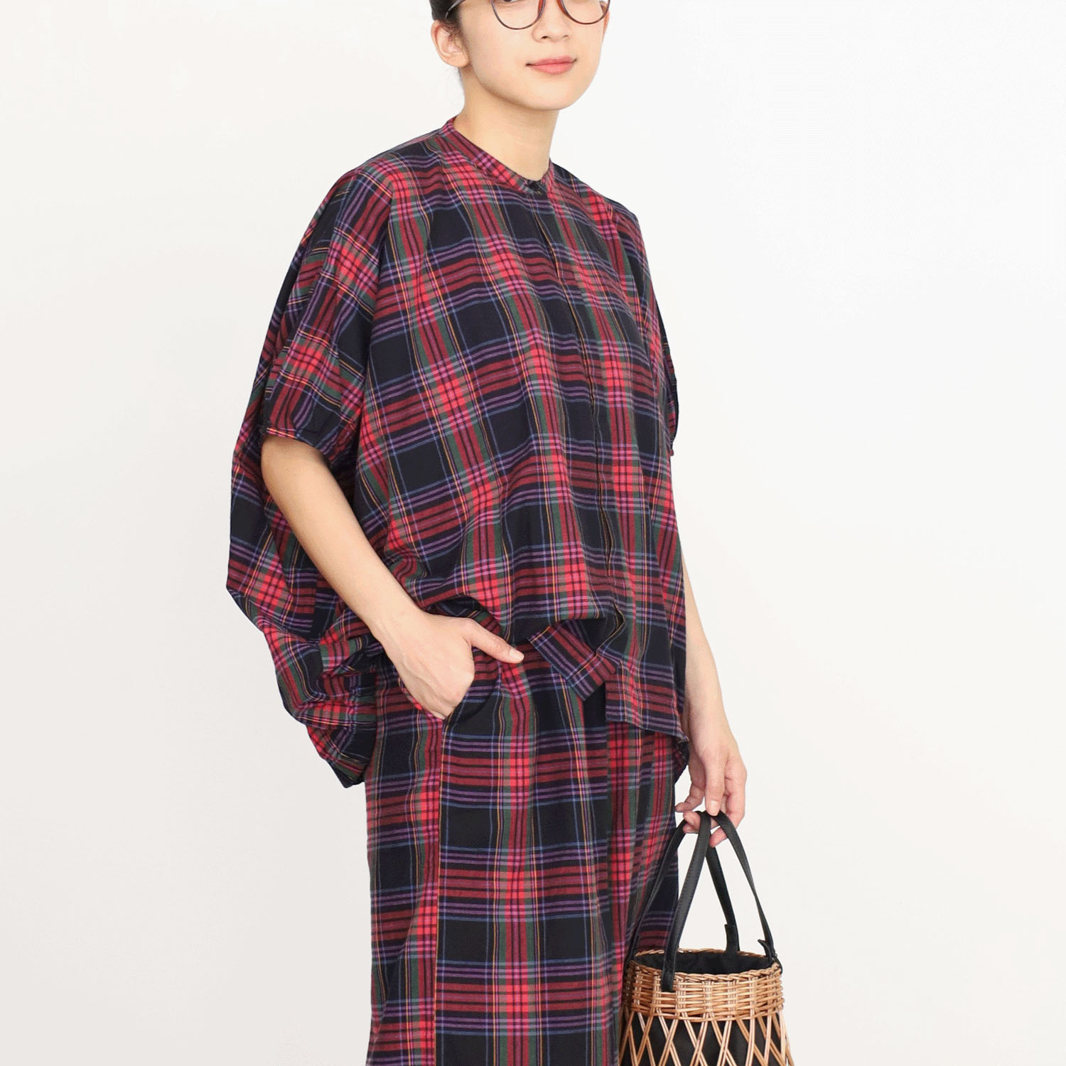 オーブ m．n マドラスチェックドルマンワイドシャツ