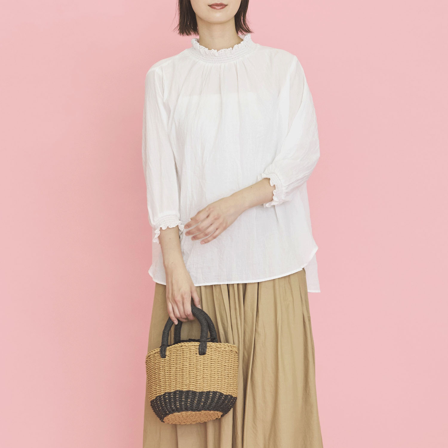 オーブ m．n リップルシャーリング六部袖ブラウス