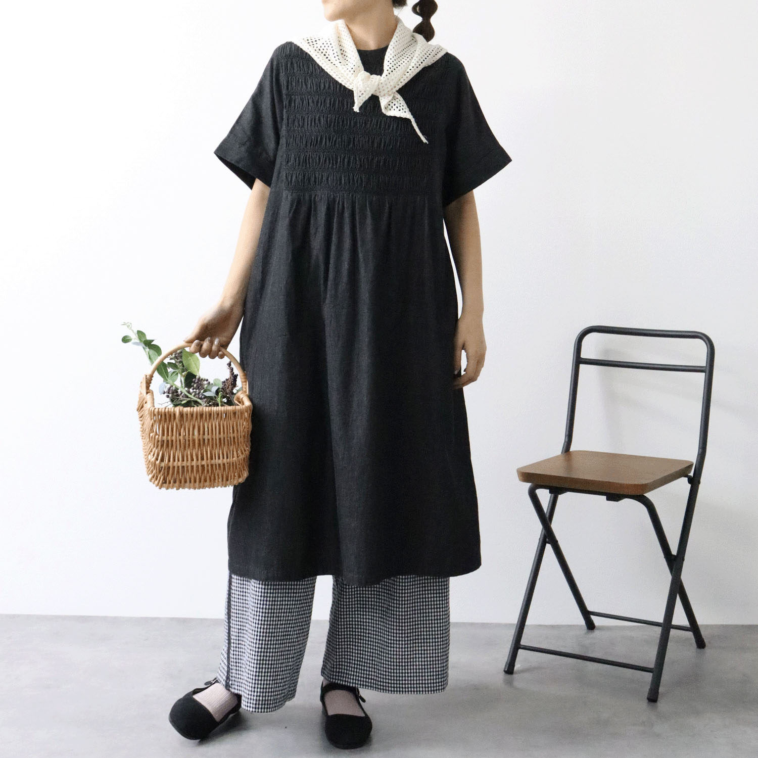 cloudnine ノンノ 3．5ozデニム スモッキング刺繍ワンピース