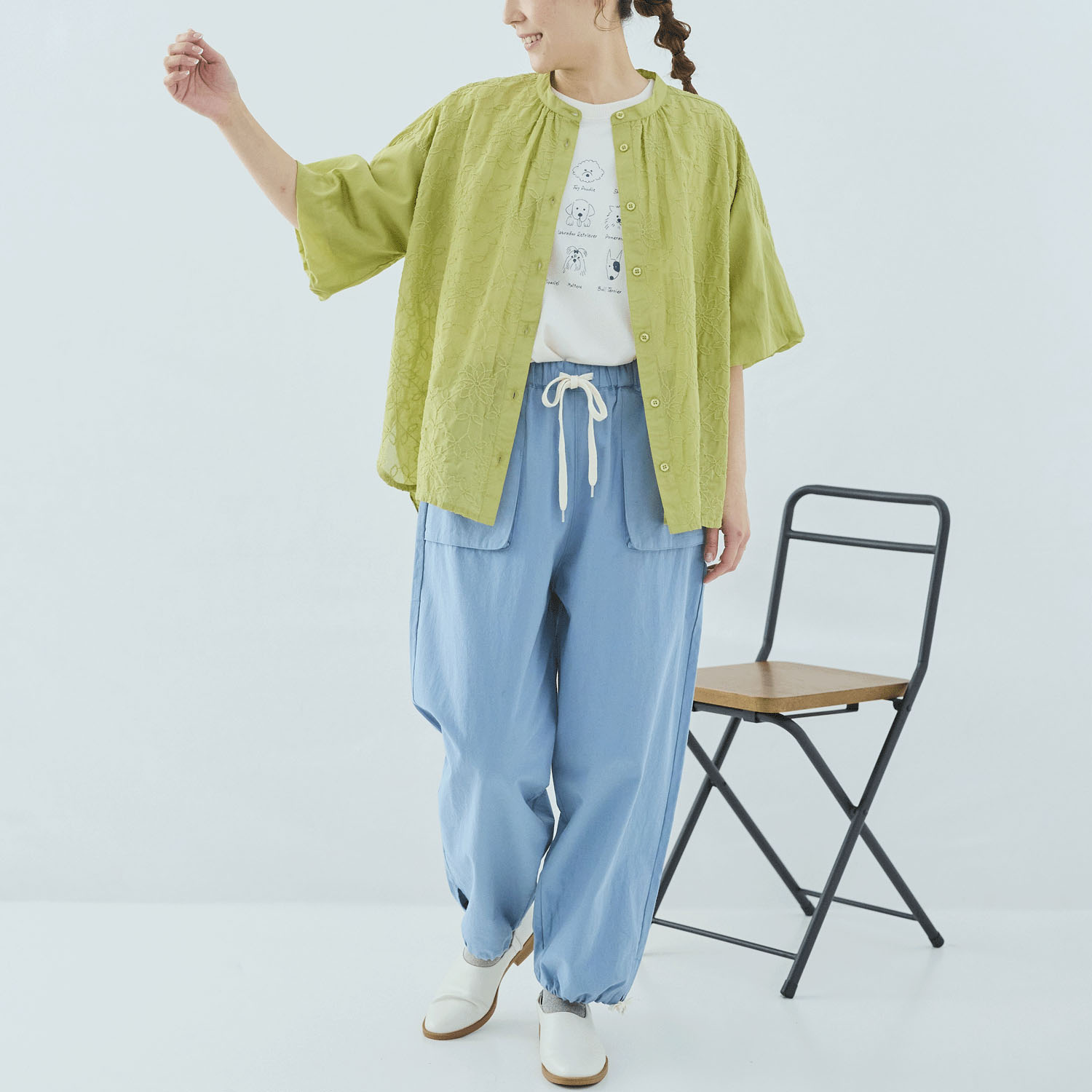 cloudnine 綿ボイルシフリー刺繍入り5分袖バルーン前あきブラウス - 画像6