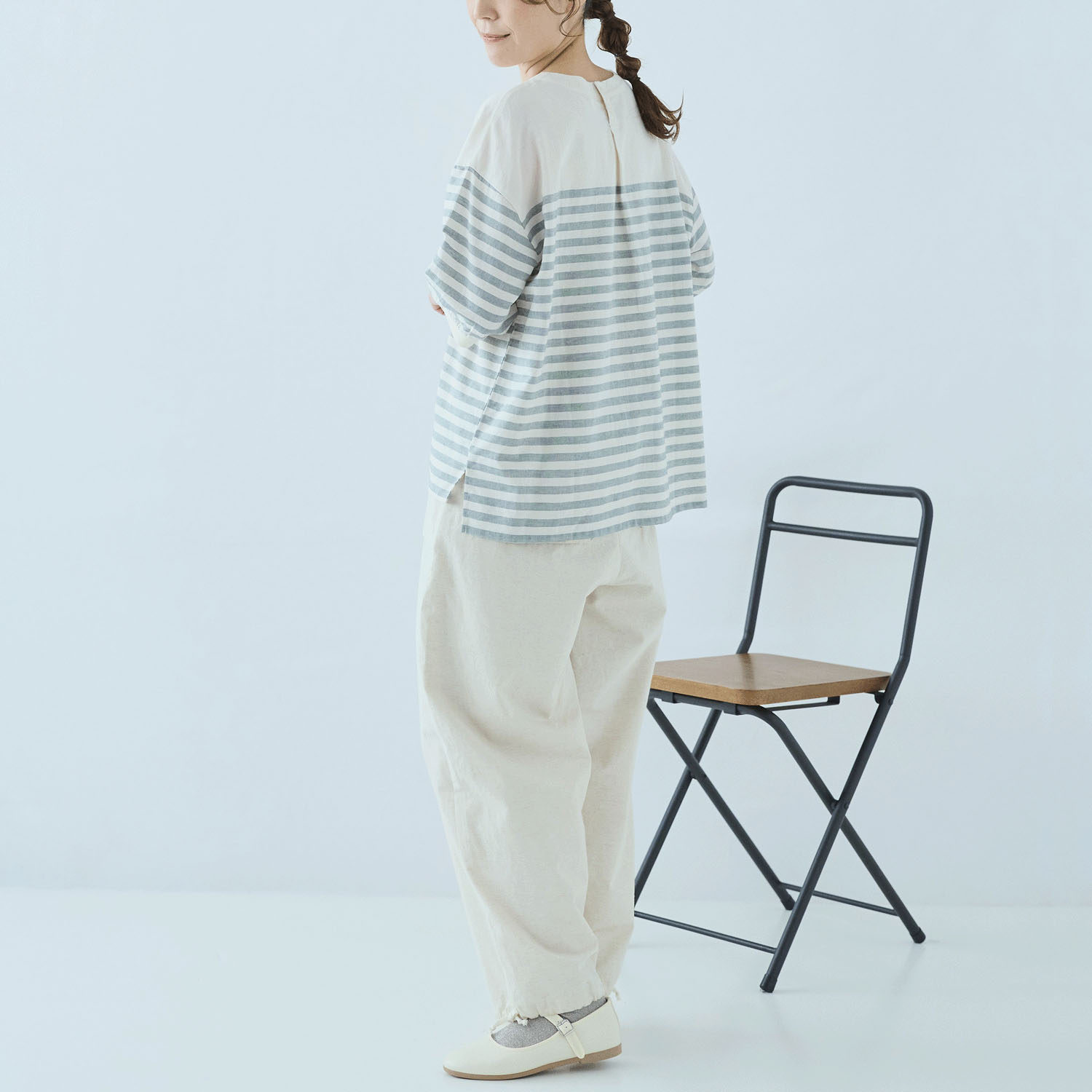 cloucnine 綿麻レーヨン パネルボーダー7分袖クルーネックブラウス - 画像12