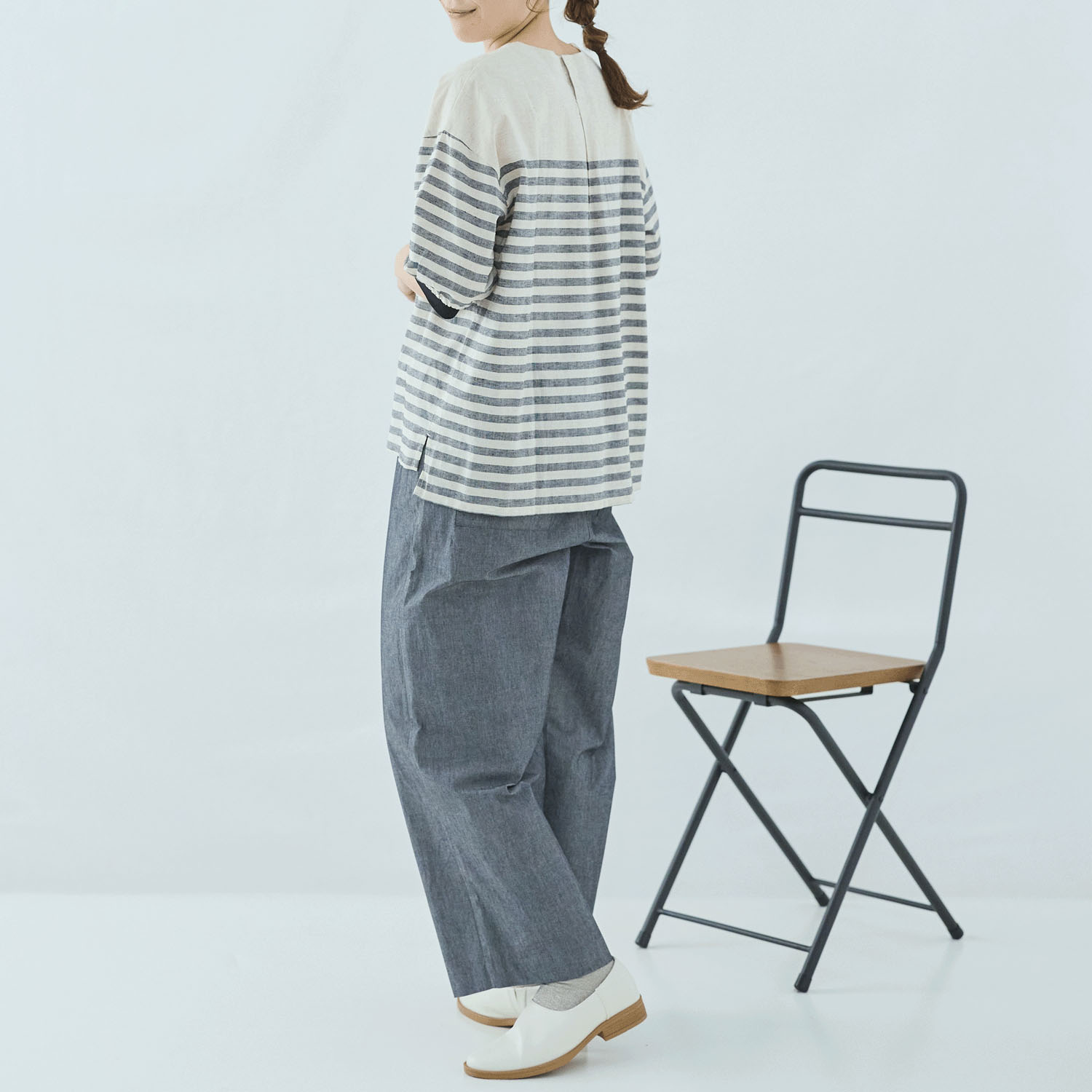 cloucnine 綿麻レーヨン パネルボーダー7分袖クルーネックブラウス - 画像3