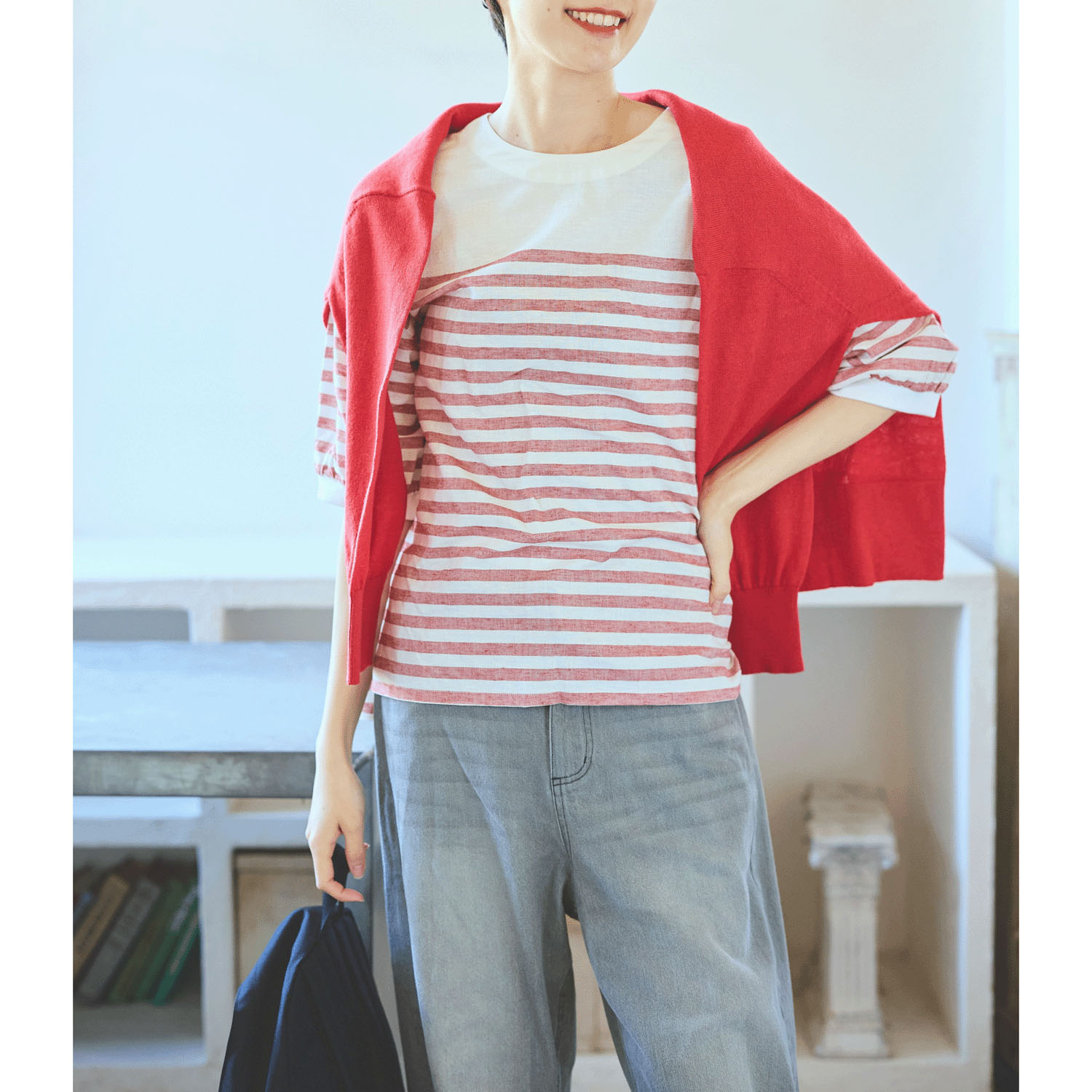 cloucnine 綿麻レーヨン パネルボーダー7分袖クルーネックブラウス - 画像6