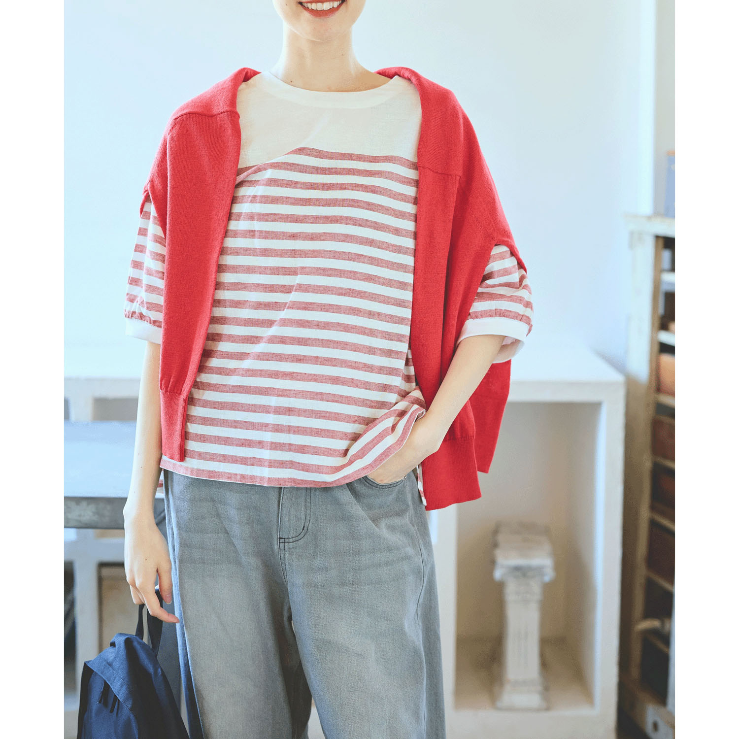 cloucnine 綿麻レーヨン パネルボーダー7分袖クルーネックブラウス - 画像7