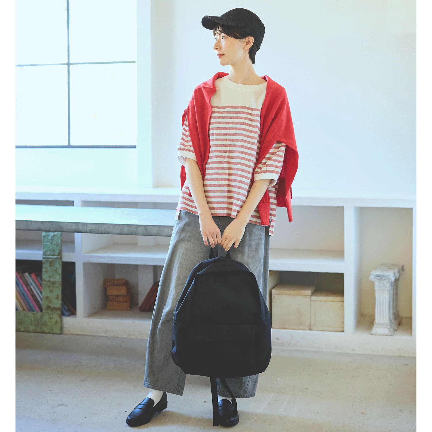 cloucnine 綿麻レーヨン パネルボーダー7分袖クルーネックブラウス - 画像9