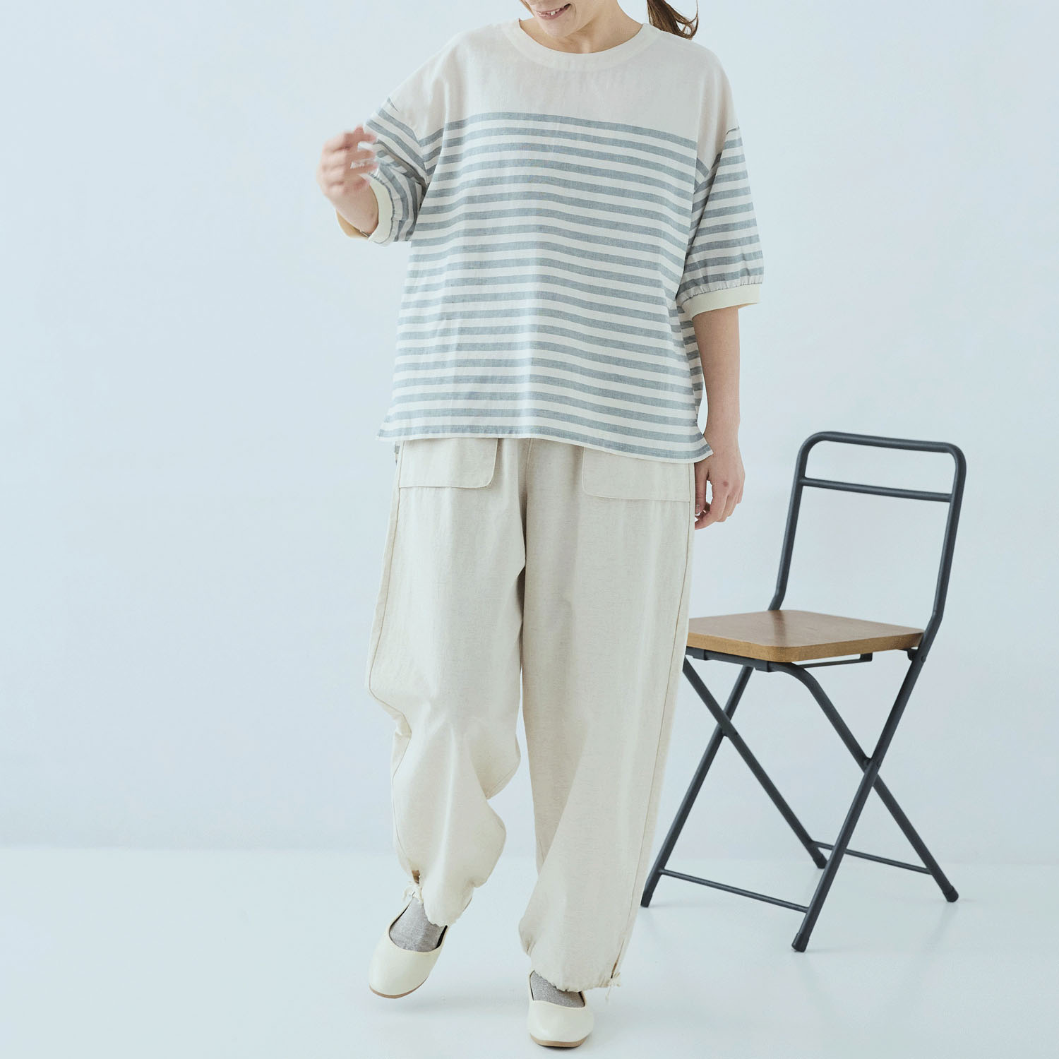 cloucnine 綿麻レーヨン パネルボーダー7分袖クルーネックブラウス - 画像10