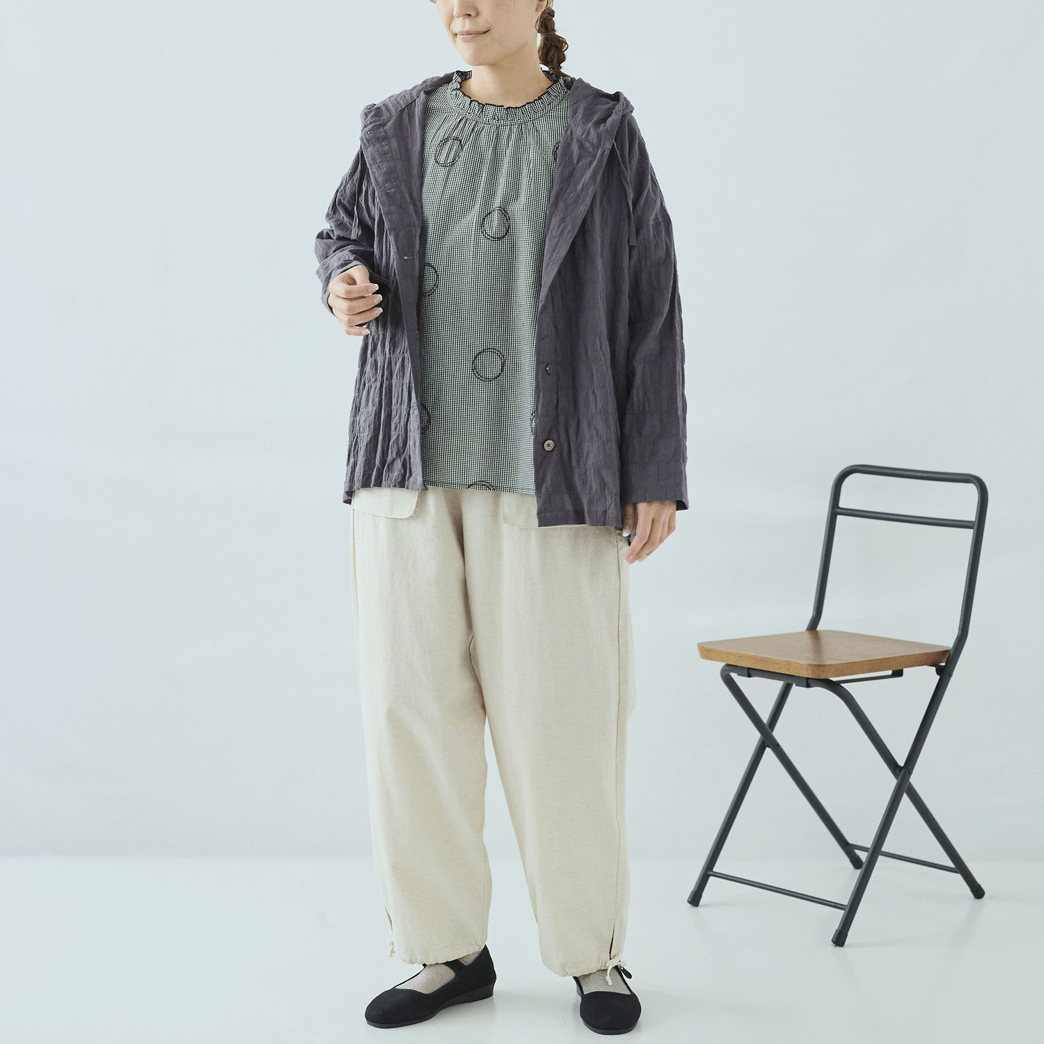 cloudnine 先染めC／Pu布帛無地フード付きアウター - 画像3