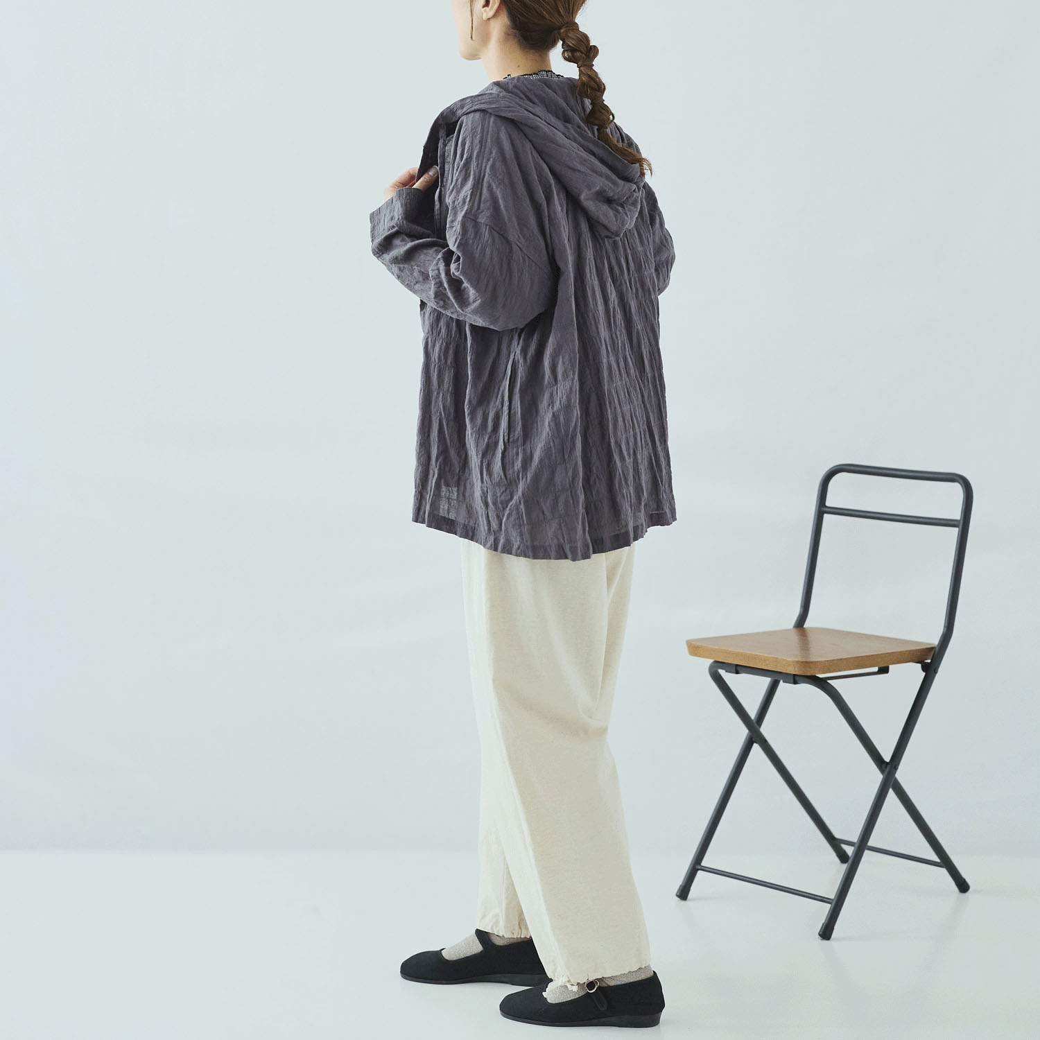 cloudnine 先染めC／Pu布帛無地フード付きアウター - 画像5