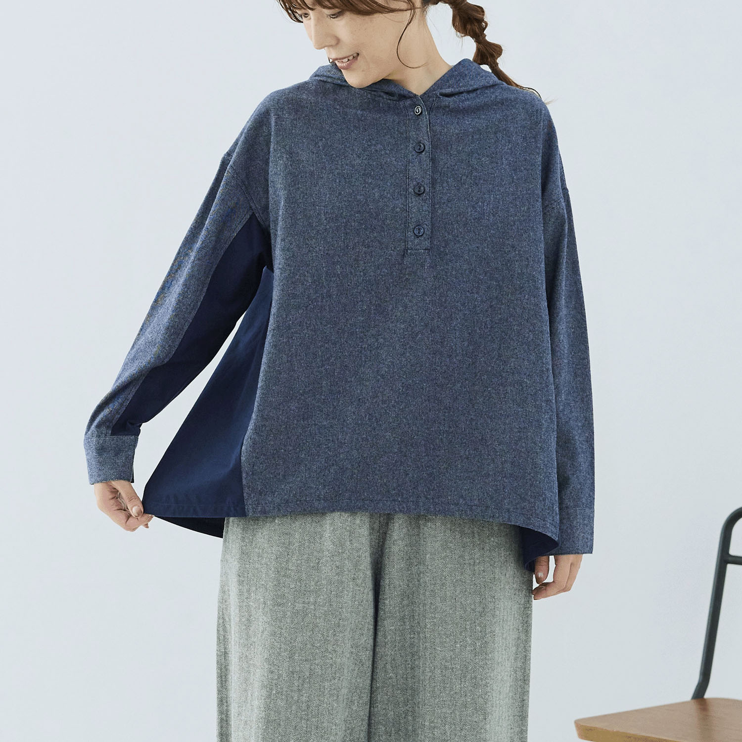 cloudnine ノンノ 表起毛綿ツイル＋高密度綿ブロード フード付きブラウス