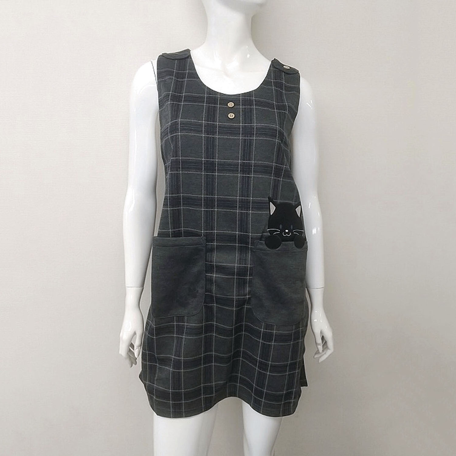 ダンボール 格子柄 黒猫アップリケ - 画像1