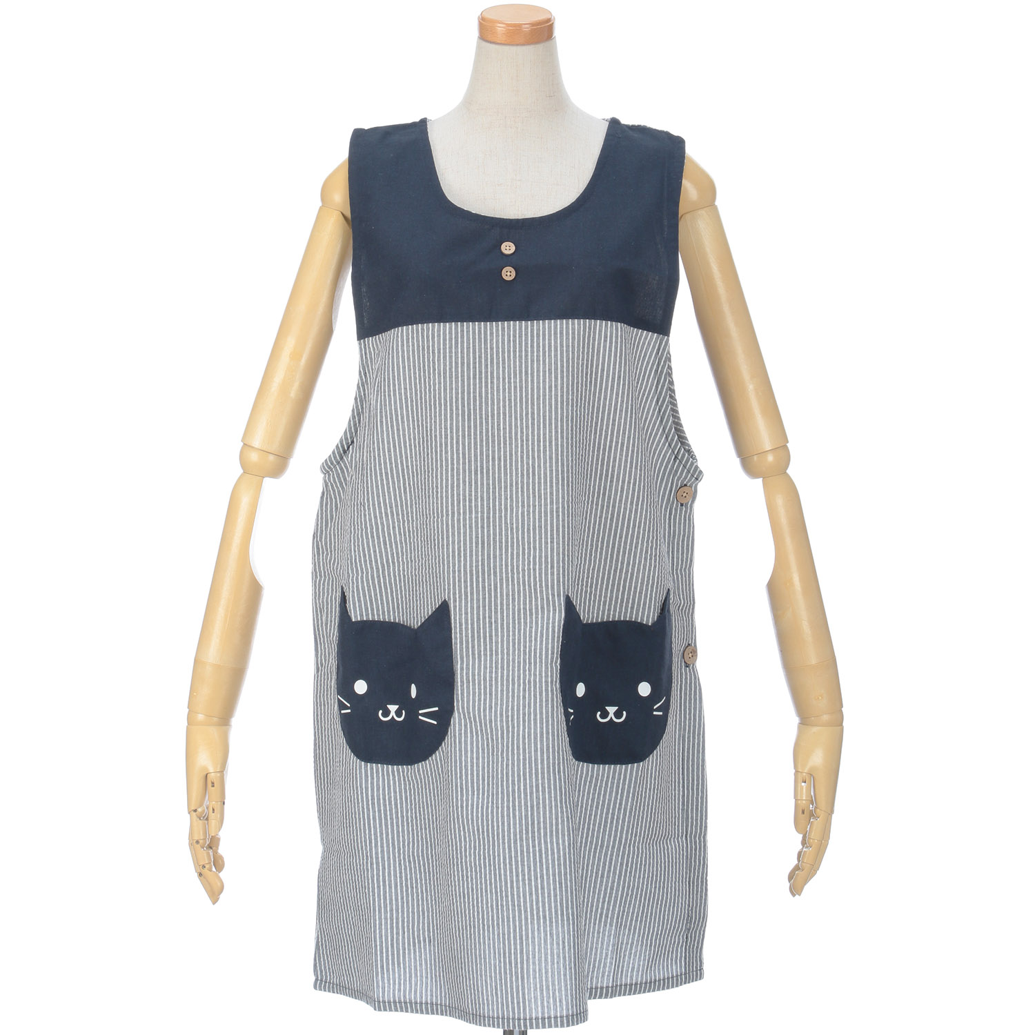先染めストライプ猫ポケットエプロン - 画像1