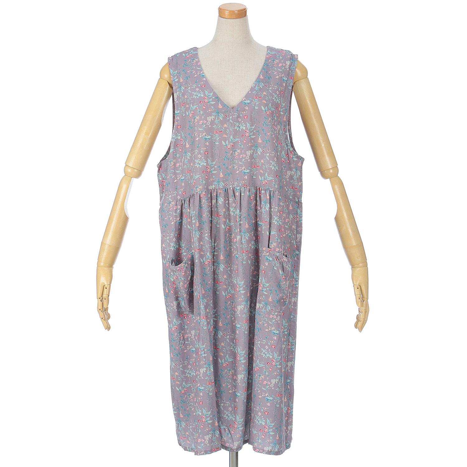 レーヨン花柄Vネックエプロンドレス - 画像2