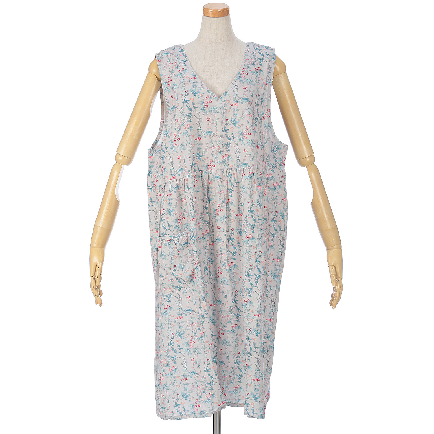 レーヨン花柄Vネックエプロンドレス