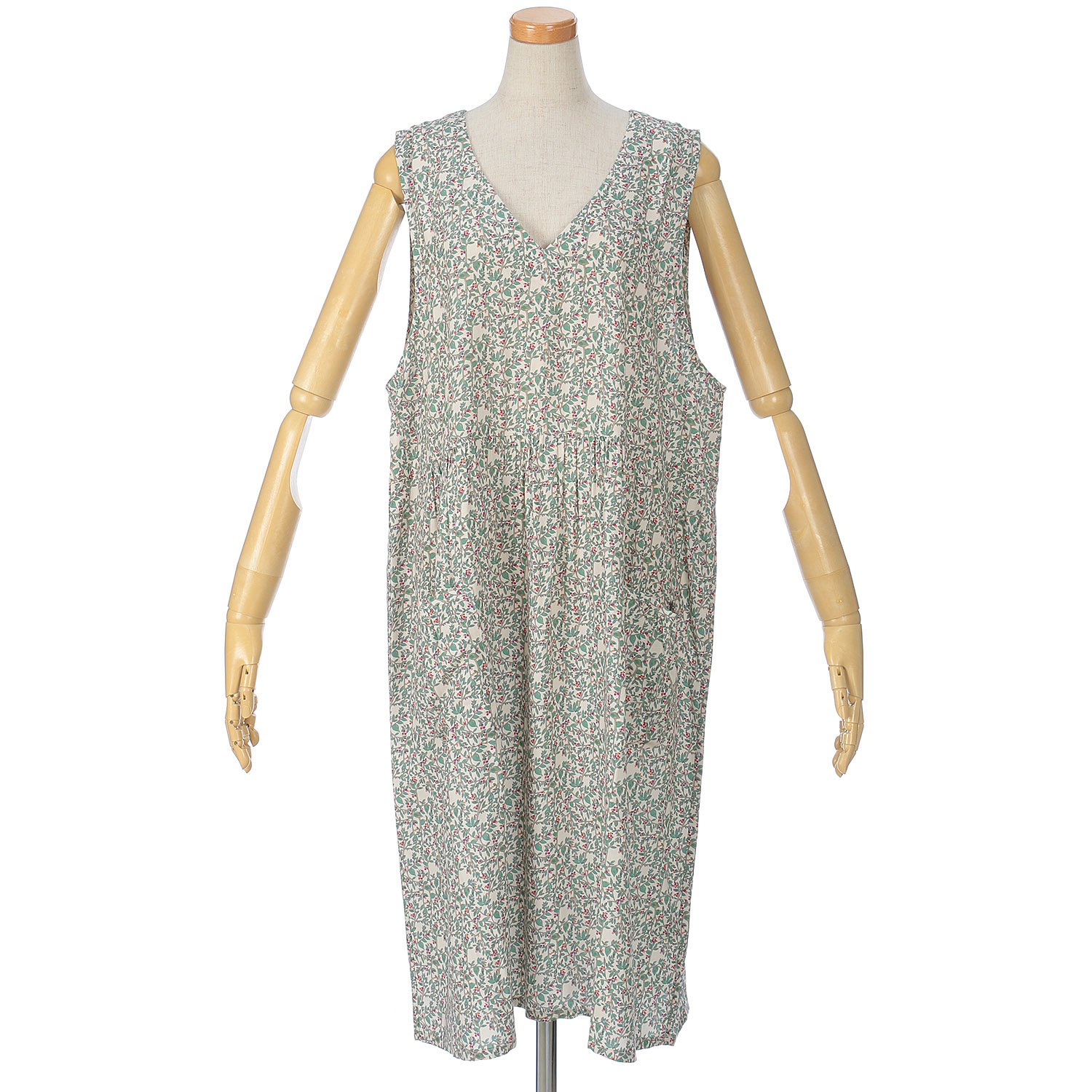 レーヨン花柄Vネックエプロンドレス