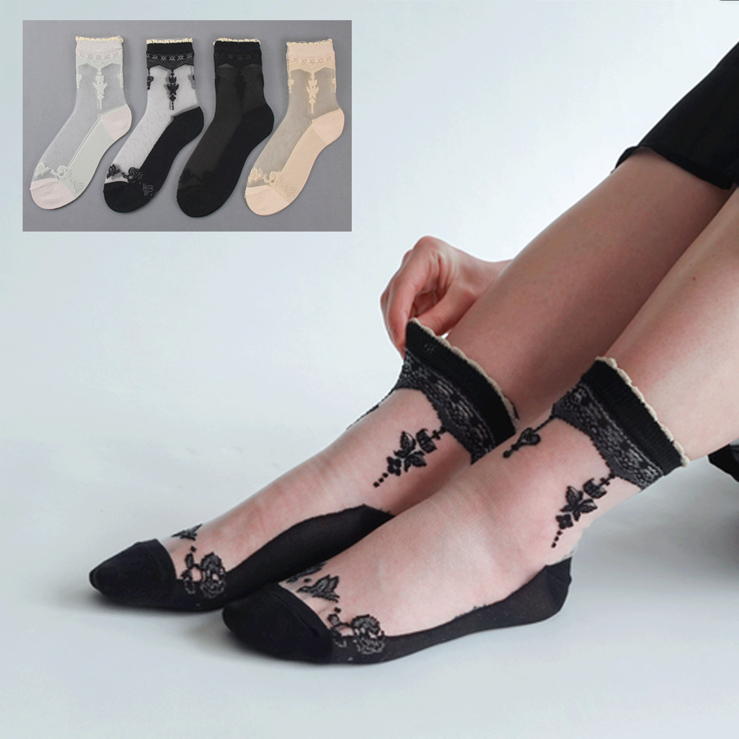 シースルーソックス 花・蝶柄