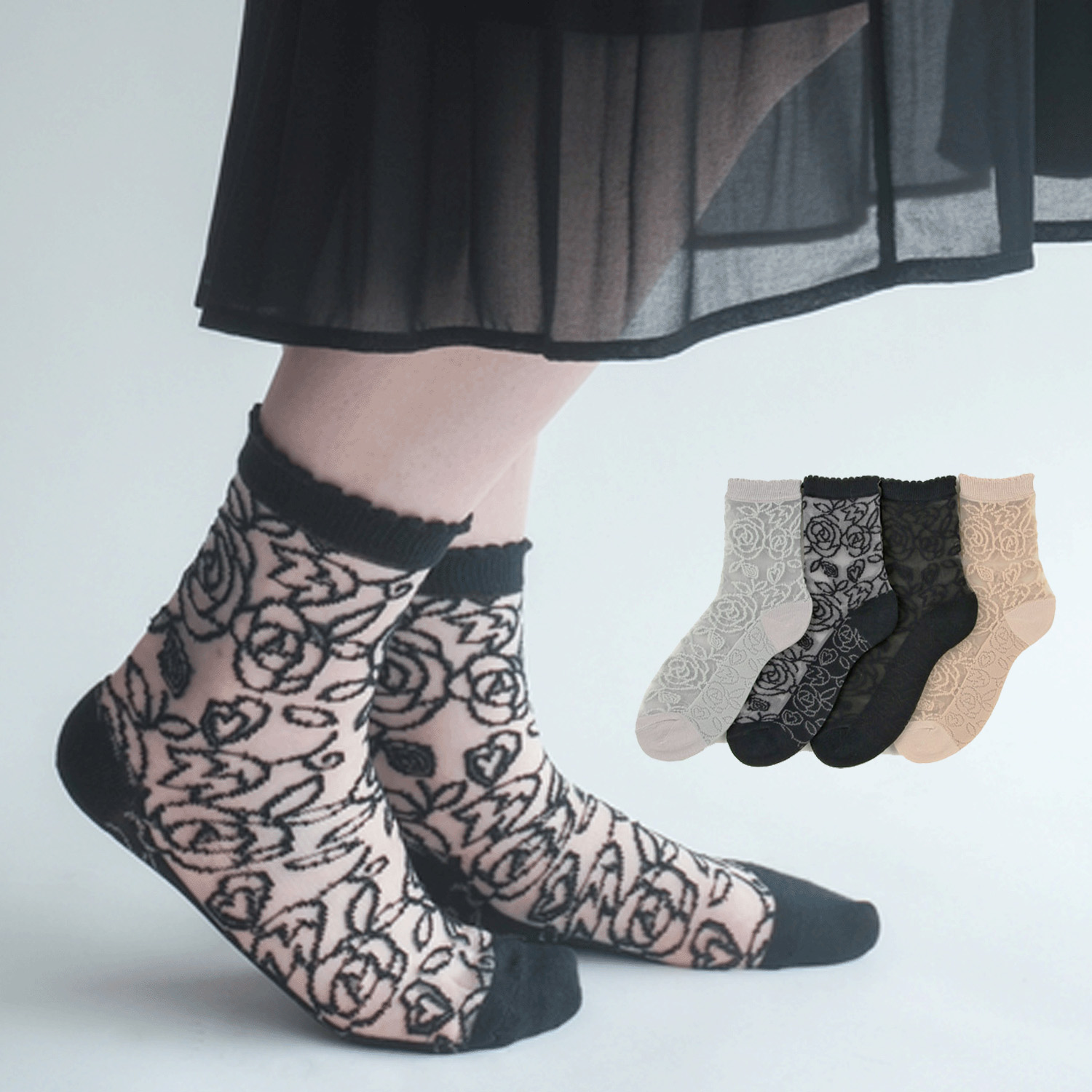 大人気★シースルーソックス レース薔薇柄