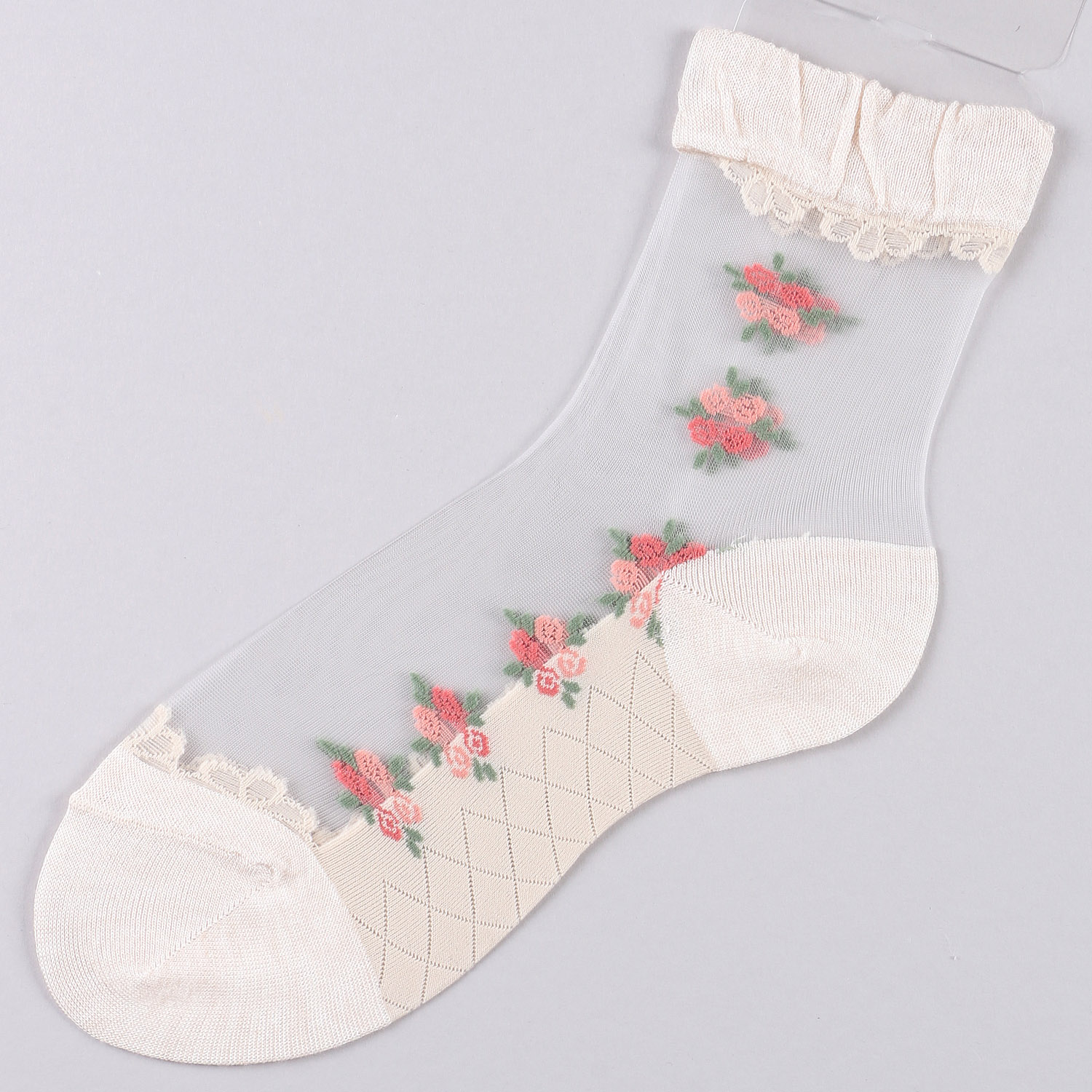 シースルーソックス ほんのきもち ハイゲージ シルク混 小バラ ライン - 画像5