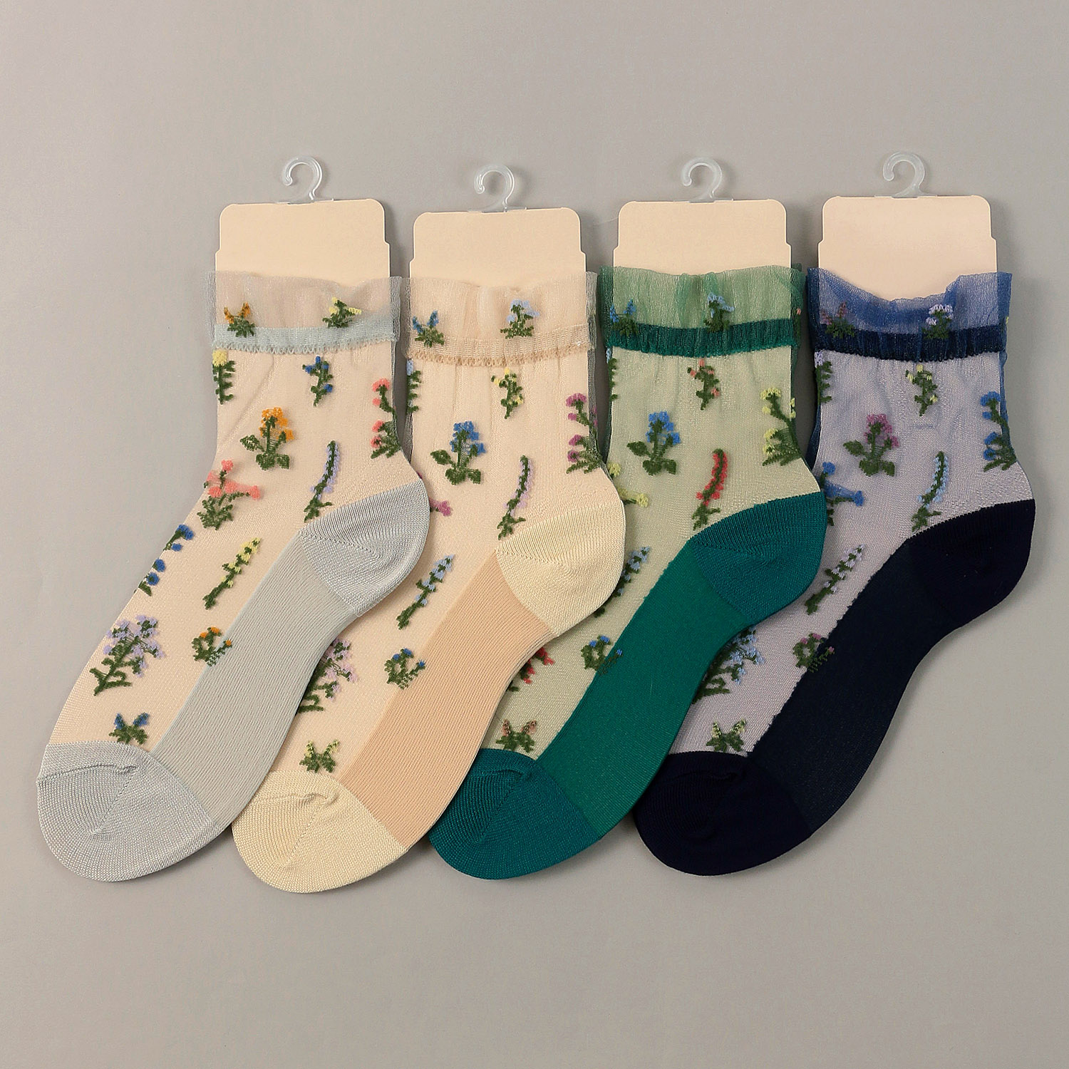 シースルーソックス クルー丈 花草柄