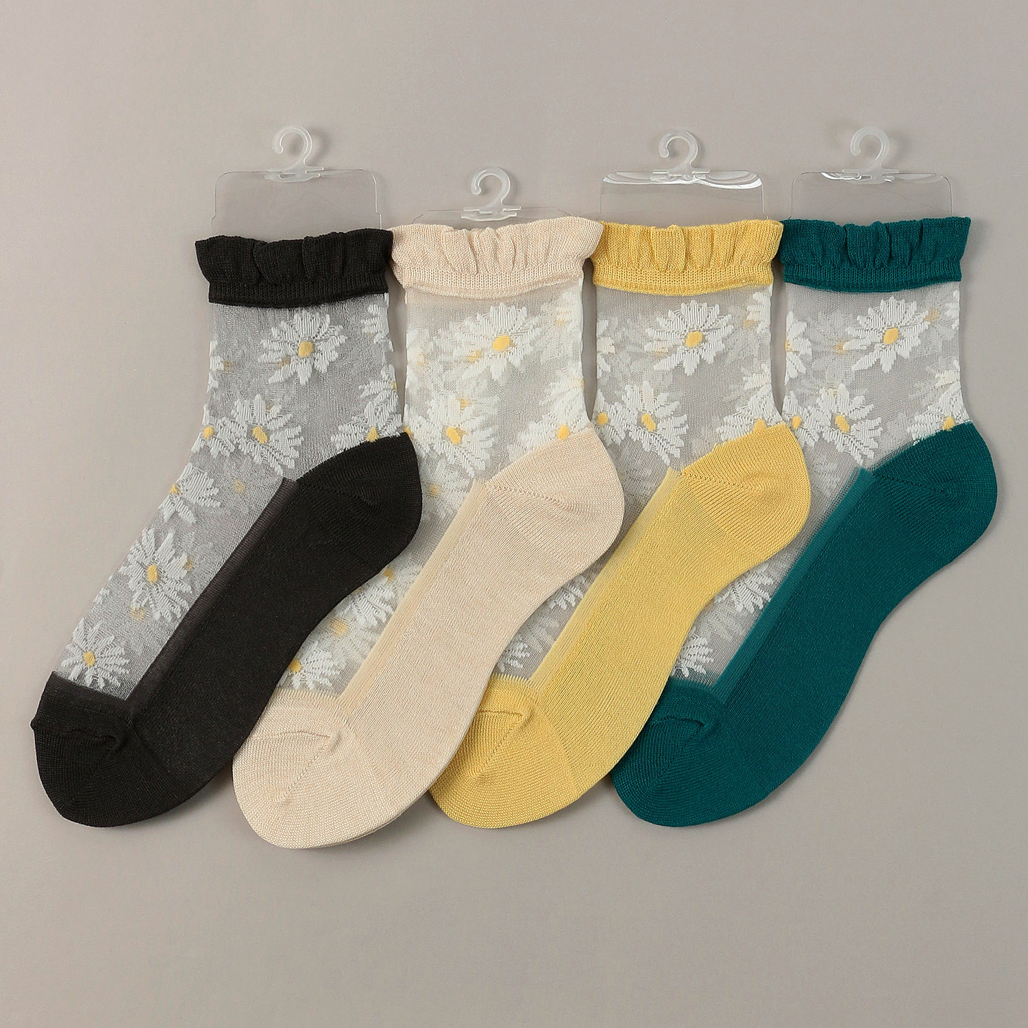 シースルーソックス クルー丈 マーガレット花束柄