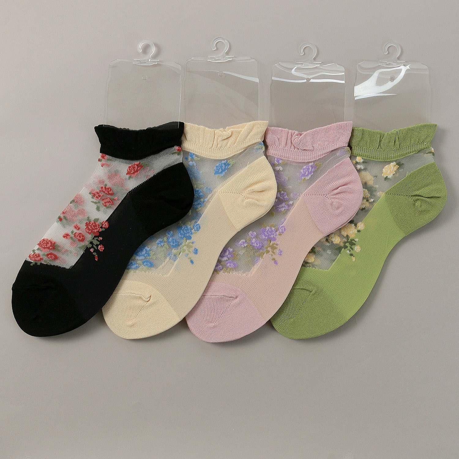 シースルーソックス ショート丈 バラブーケ柄