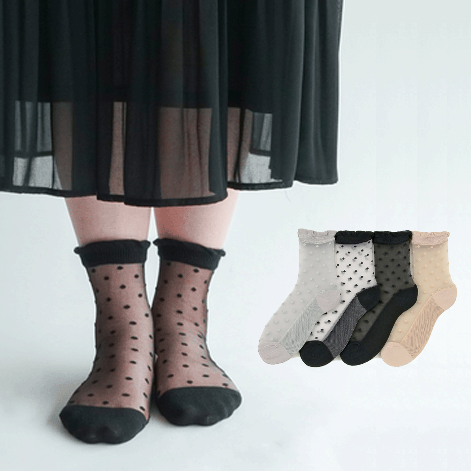 大人気★《大寸》シースルーソックス 小ドット底付