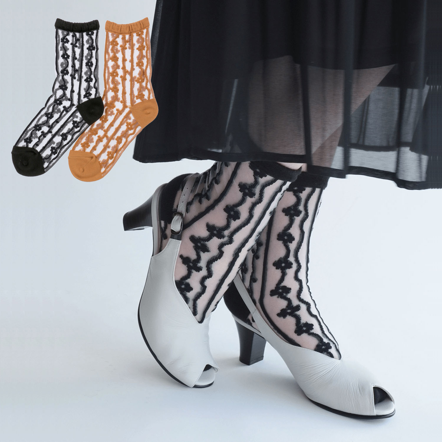 北欧調  お花 ストライプ柄 シースルーソックス