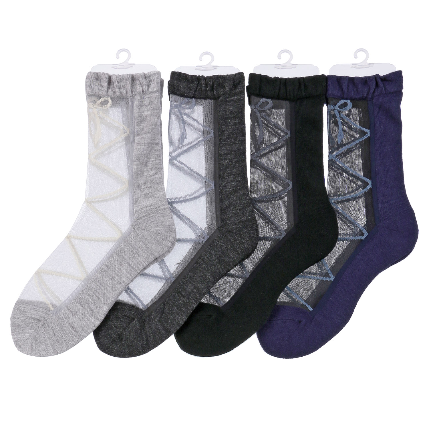 25AW新柄  シースルーソックス ハイクルー  カシミヤ混 リボン柄【在庫限り】