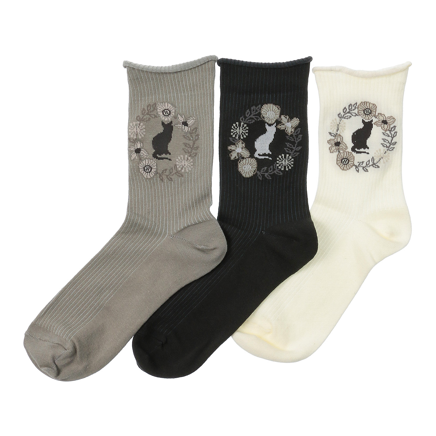 【ホワイトのみ】手篝ソックス 猫リース柄【在庫限り】