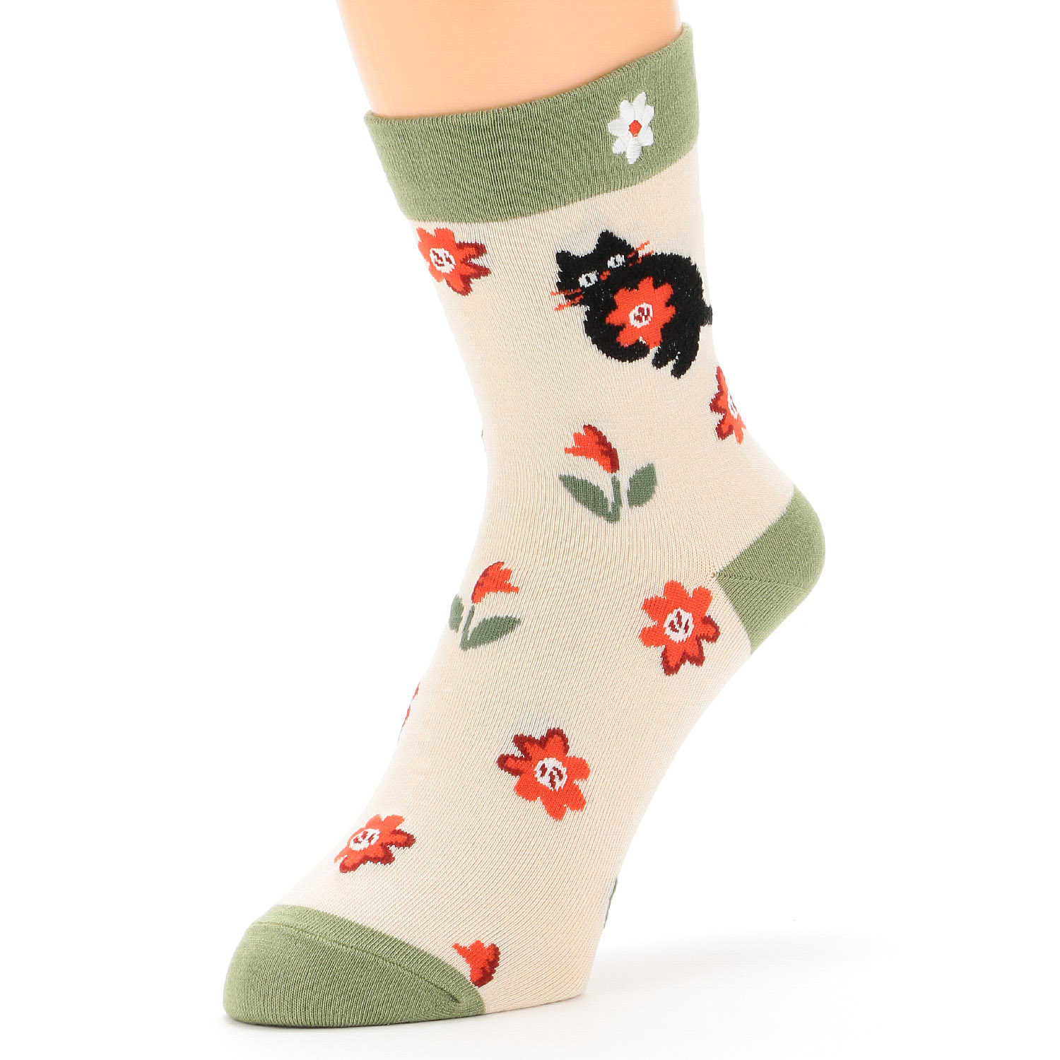 Natural Collection  クルー丈 シルクMIX ネコとフラワー柄  靴下 - 画像2