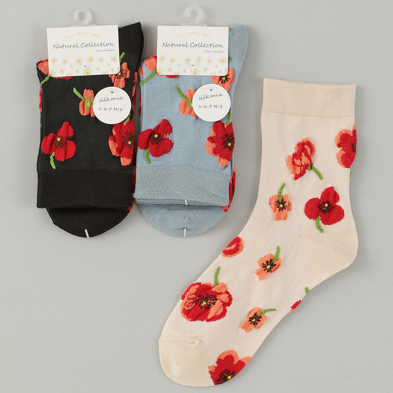 Natural Collection  クルー丈 シルクMIX ポピー柄  靴下【在庫限り】