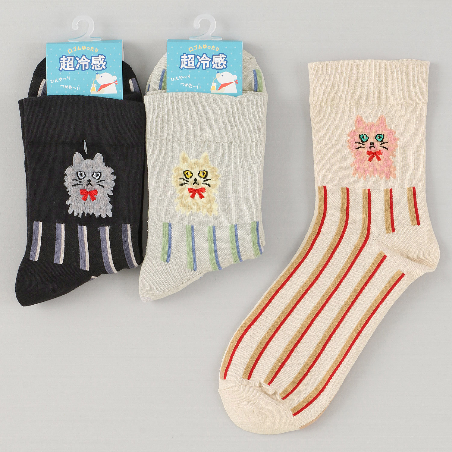 Natural Collection クルー丈 超冷感 ストライプ ネコ柄  靴下
