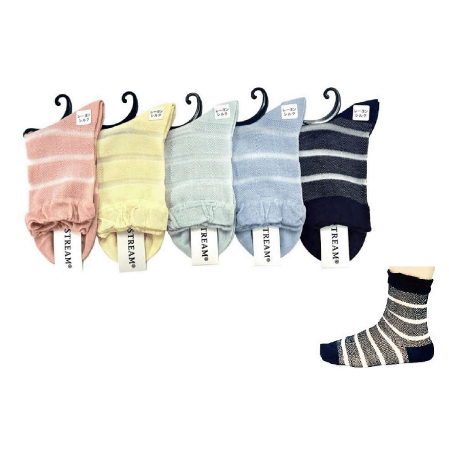 STREAM  ゴム口 シャーリング シースルーボーダー クルー丈 靴下