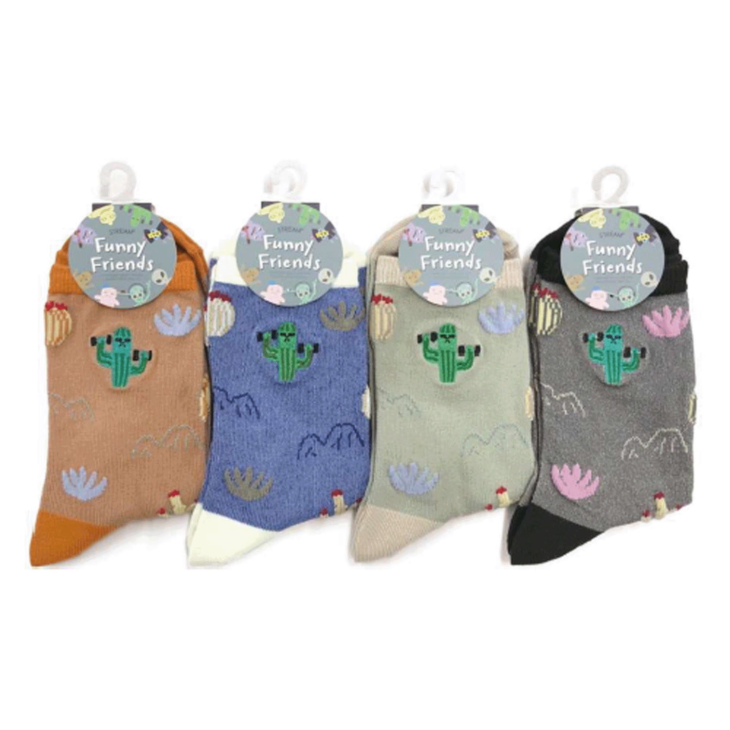 STREAM   Funny Friends 筋トレさぼてん 刺しゅう クルー丈 靴下