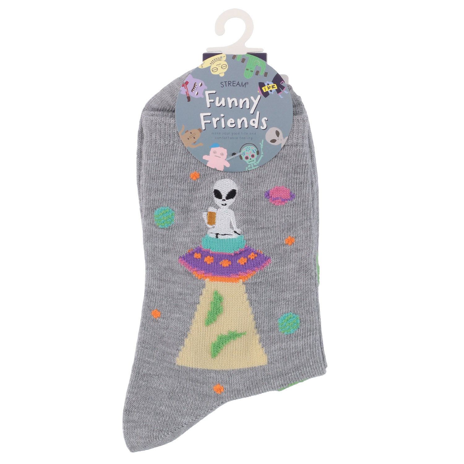 STREAM   Funny Friends ビール宇宙人 刺しゅう クルー丈 靴下 - 画像4