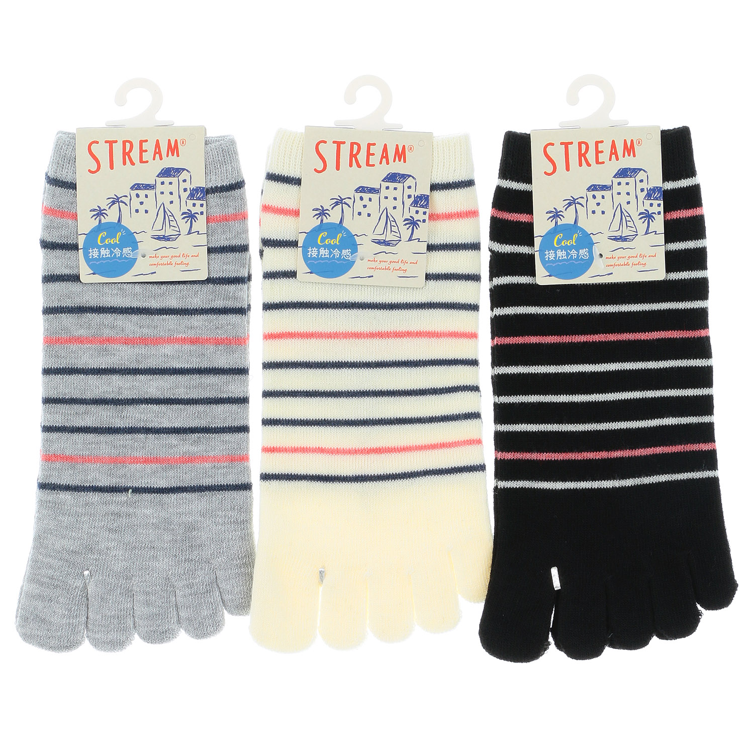 STREAM 5本指 接触冷感 スニーカー丈 マリンボーダー 靴下 - 画像3