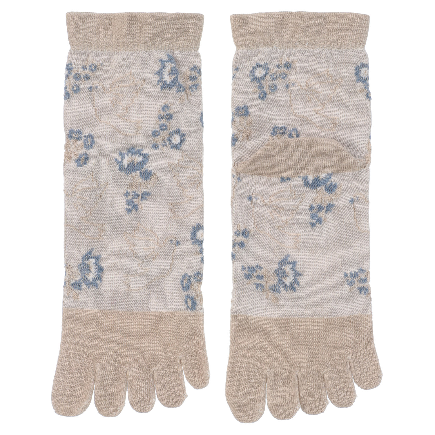 STREAM 5本指 ゆったり編み 麻混素材 花とトリ柄  クルー丈 靴下 - 画像3