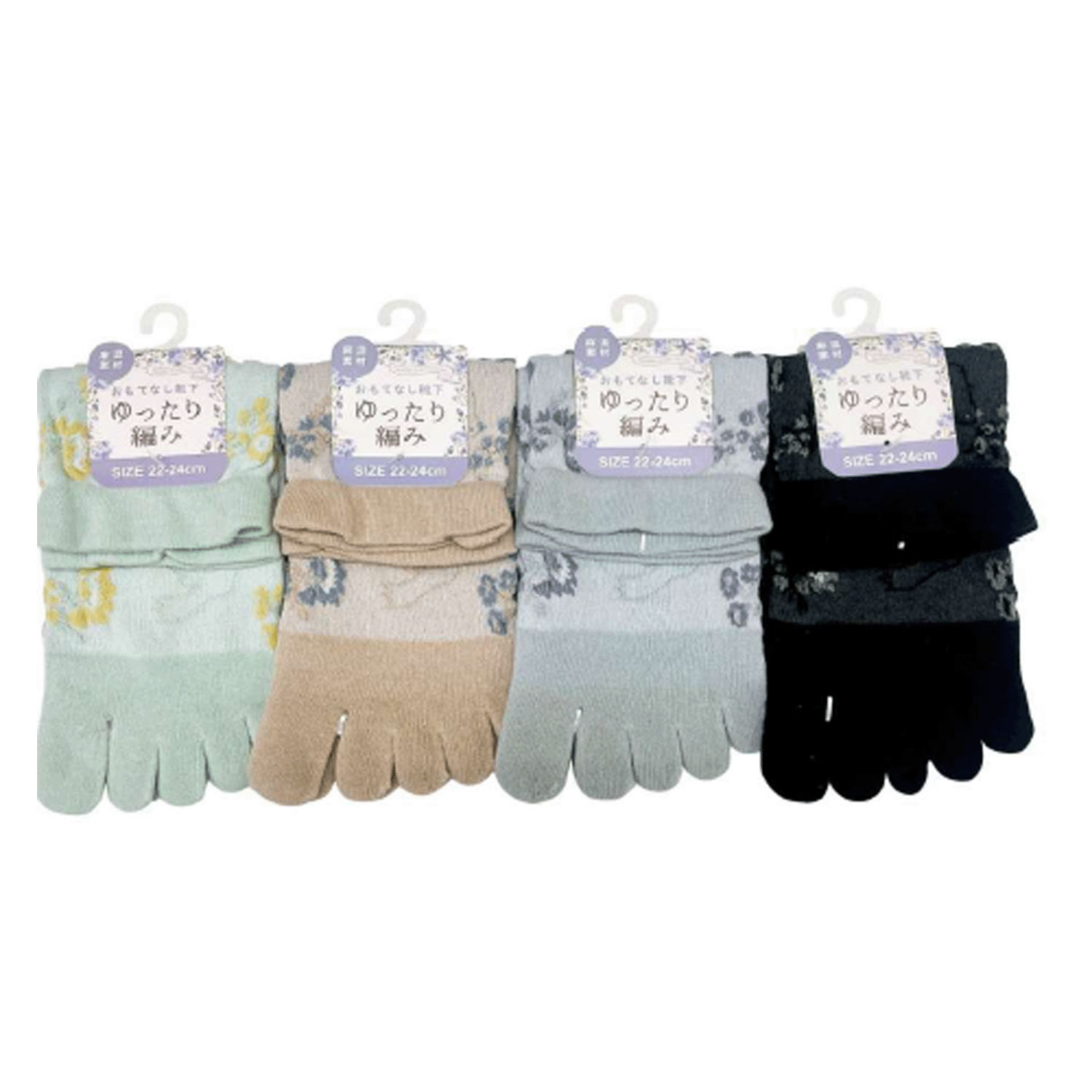 STREAM 5本指 ゆったり編み 麻混素材 花とトリ柄  クルー丈 靴下